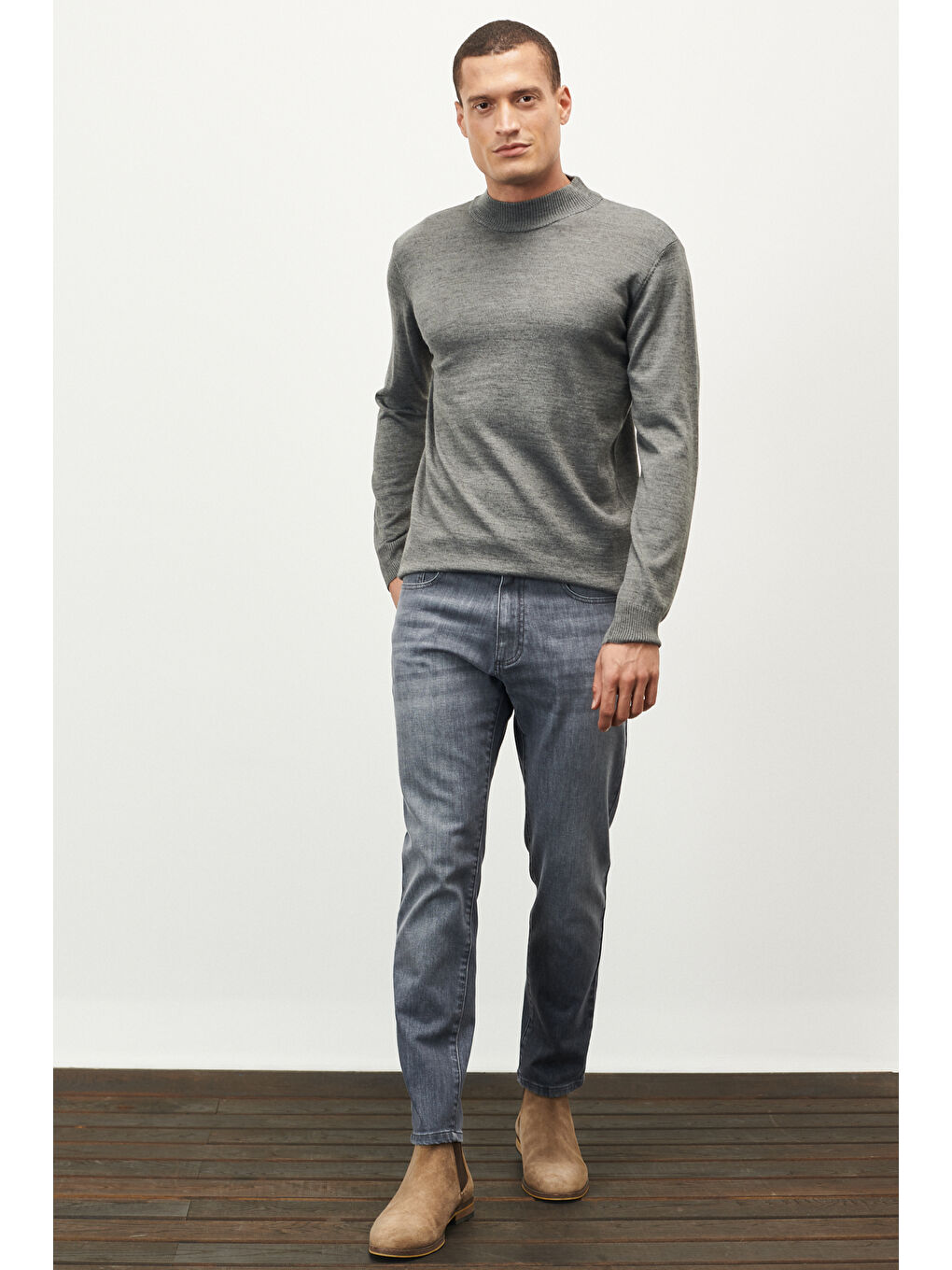 Erkek Gri Melanj Standart Fit Normal Kesim Yarım Balıkçı Yaka Yünlü Triko-1