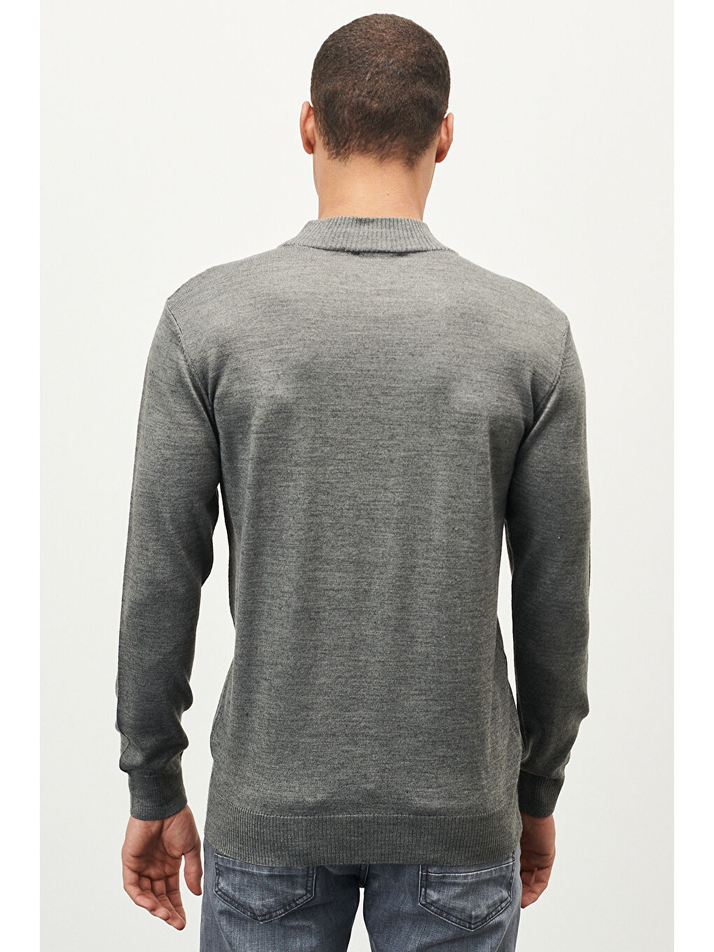 Erkek Gri Melanj Standart Fit Normal Kesim Yarım Balıkçı Yaka Yünlü Triko-3