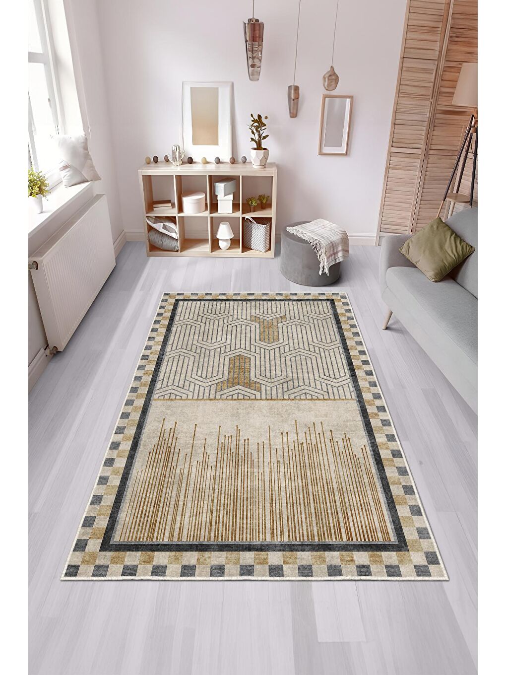 Bej Özel Tasarım, Kaymaz Taban, İnce, Yıkanabilir, Modern Halı WOOKECE1441 80x150