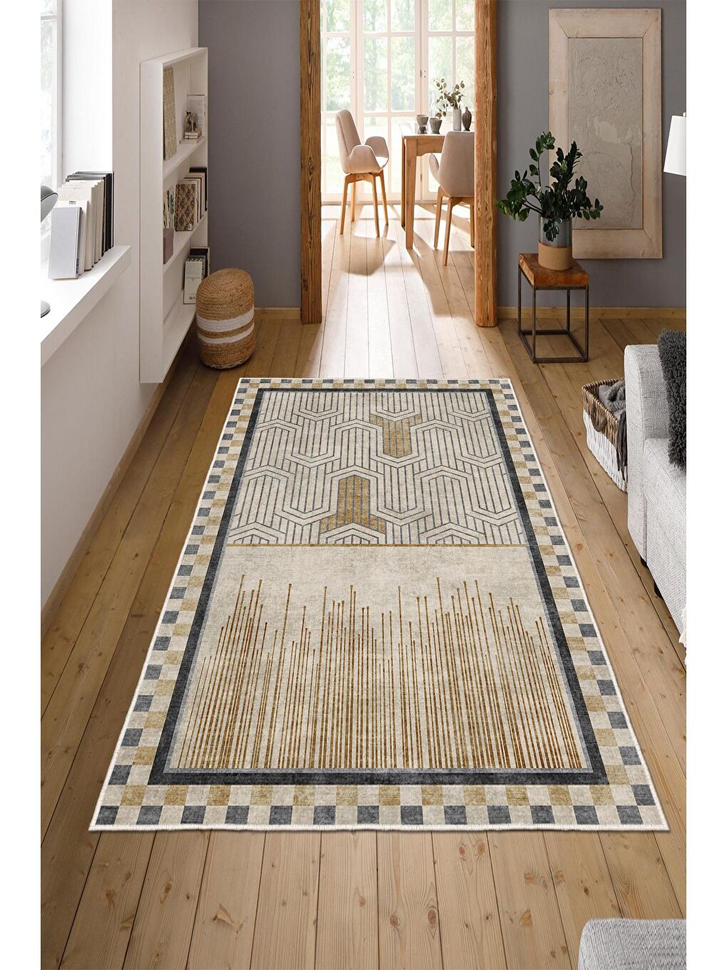 Bej Özel Tasarım, Kaymaz Taban, İnce, Yıkanabilir, Modern Halı WOOKECE1441 80x150-1