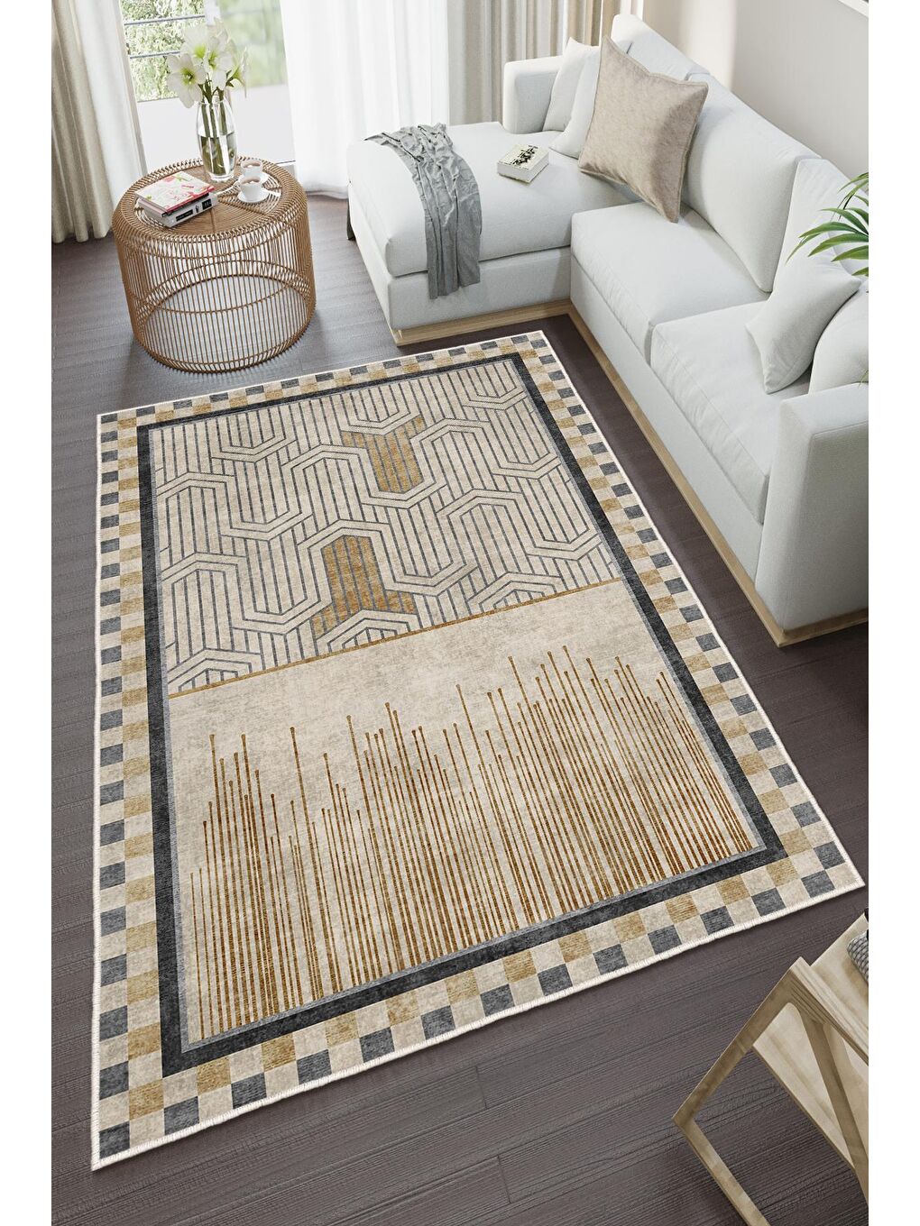 Bej Özel Tasarım, Kaymaz Taban, İnce, Yıkanabilir, Modern Halı WOOKECE1441 80x150-2