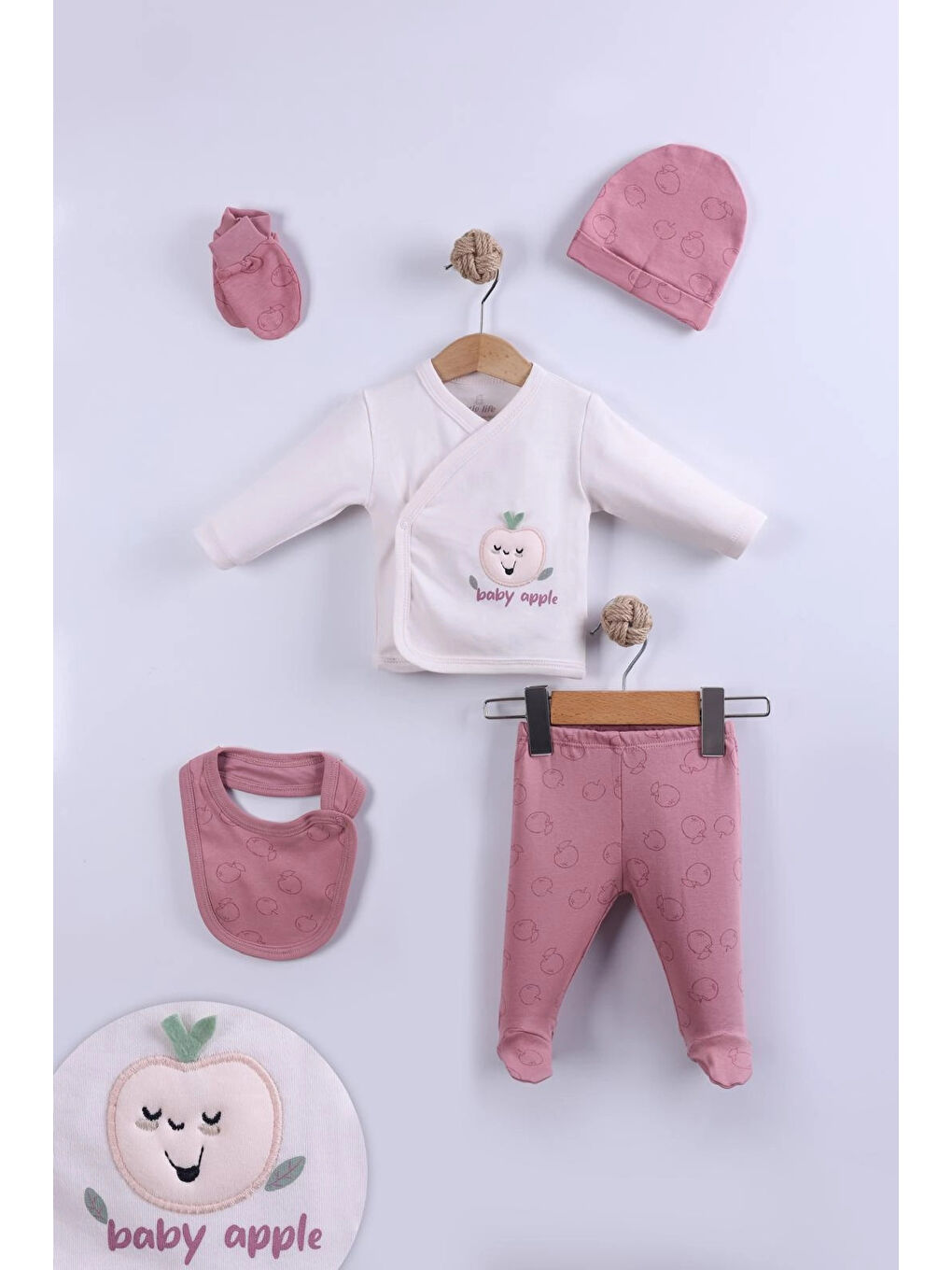Myhanne Pembe Elma İşlemeli Kız Bebek 5'li Set 9004