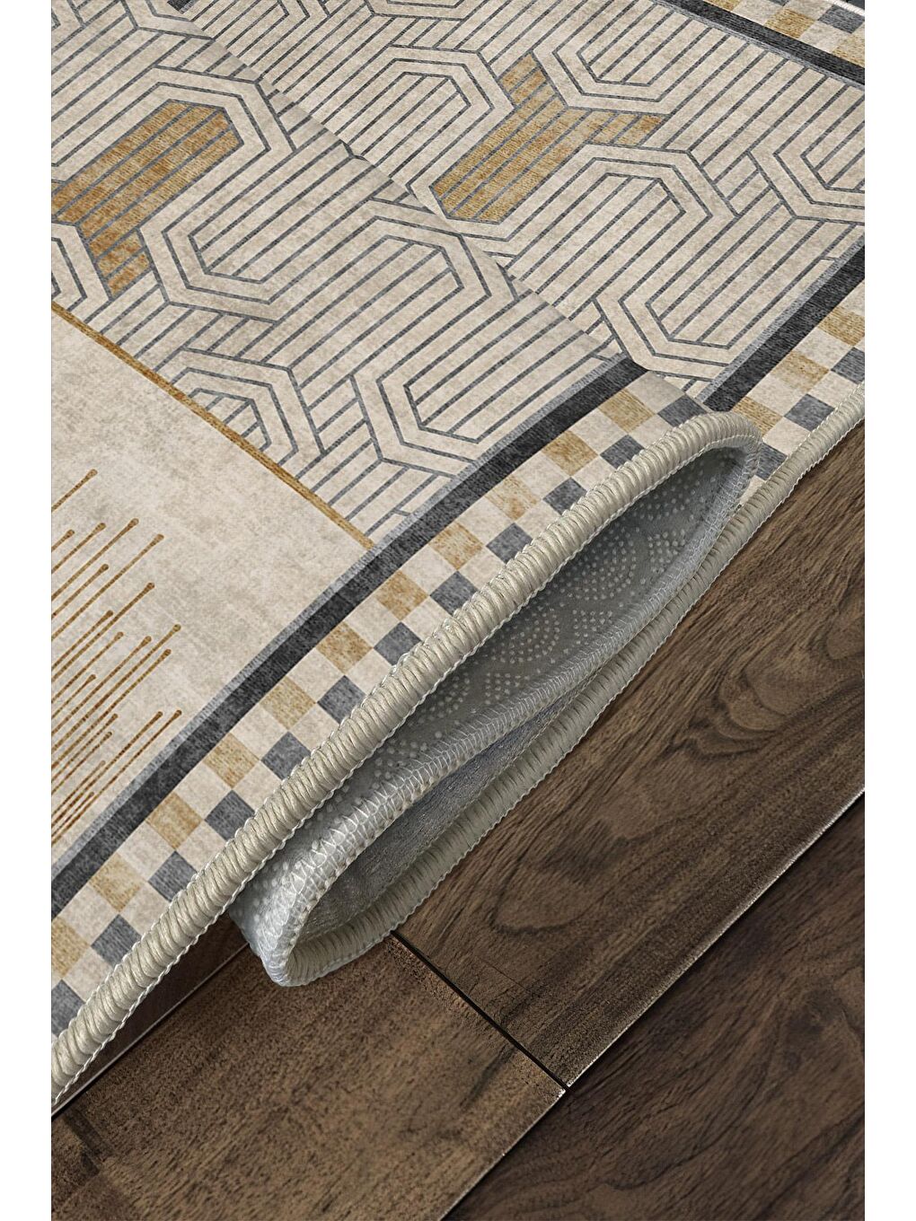 Bej Özel Tasarım, Kaymaz Taban, İnce, Yıkanabilir, Modern Halı WOOKECE1441 80x150-4