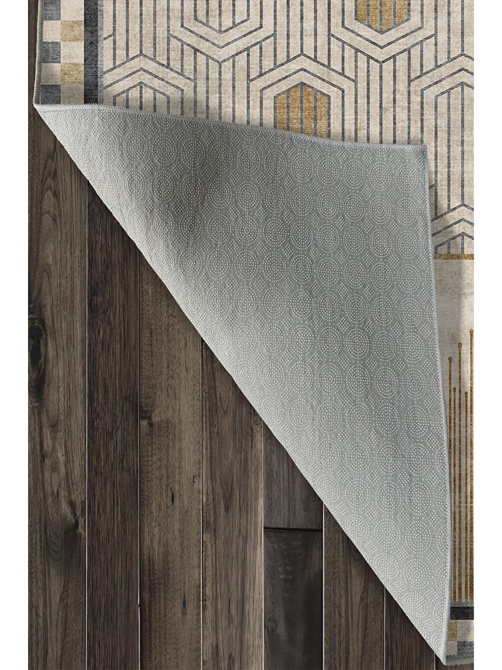 Bej Özel Tasarım, Kaymaz Taban, İnce, Yıkanabilir, Modern Halı WOOKECE1441 80x150-6