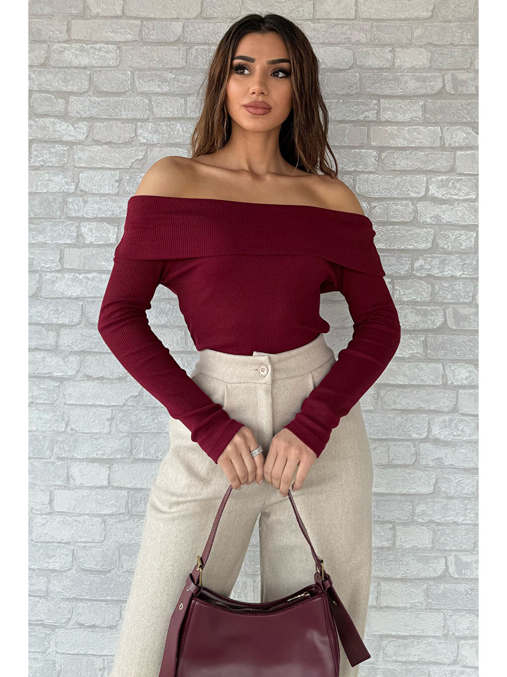 Bordo Kadın Madonna Yaka Kaşkorse Bluz