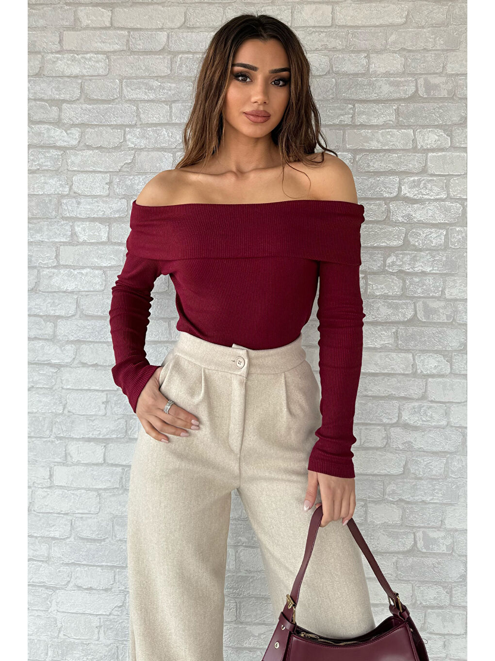 Bordo Kadın Madonna Yaka Kaşkorse Bluz-1