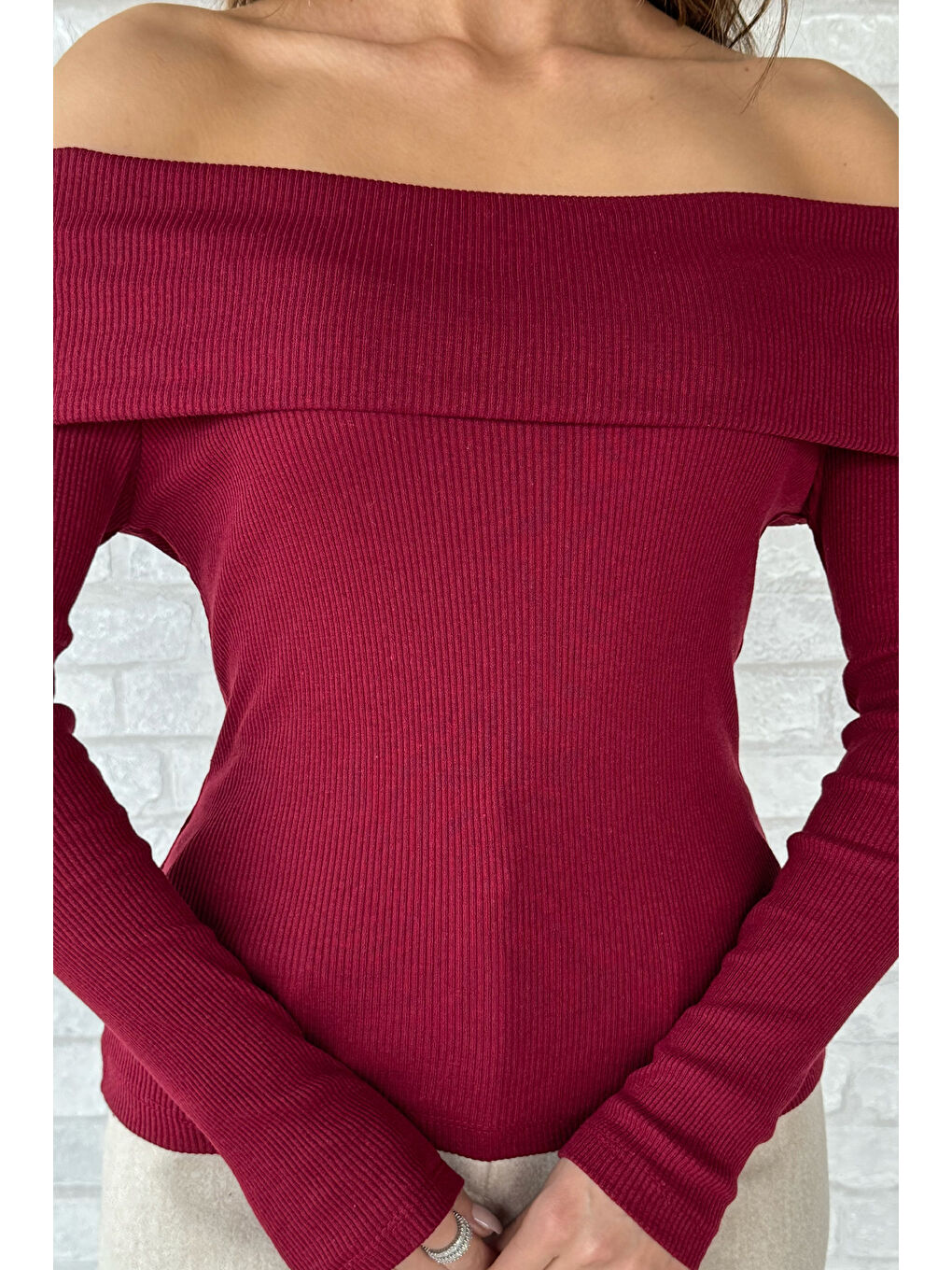 Bordo Kadın Madonna Yaka Kaşkorse Bluz-2