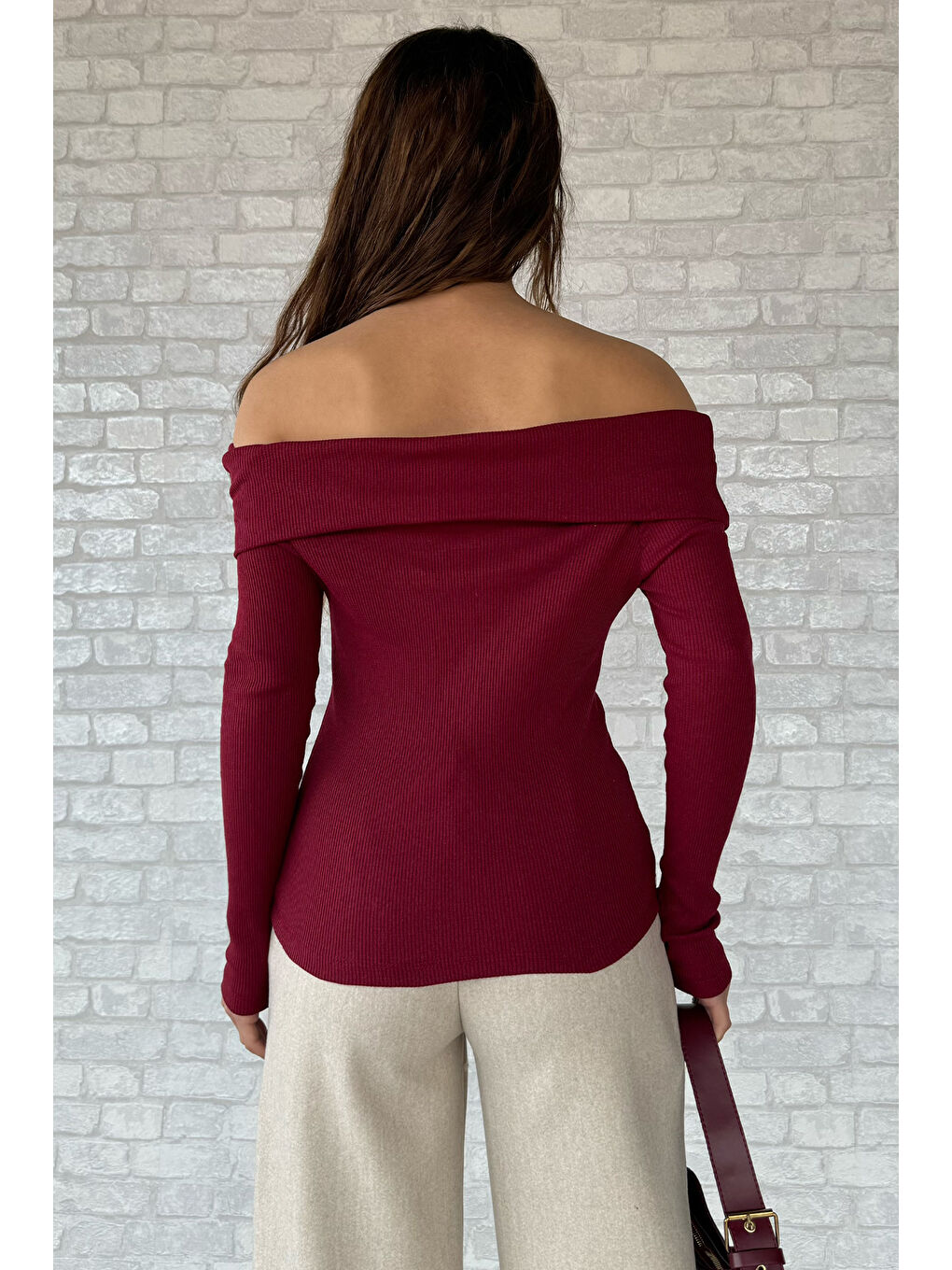 Bordo Kadın Madonna Yaka Kaşkorse Bluz-3