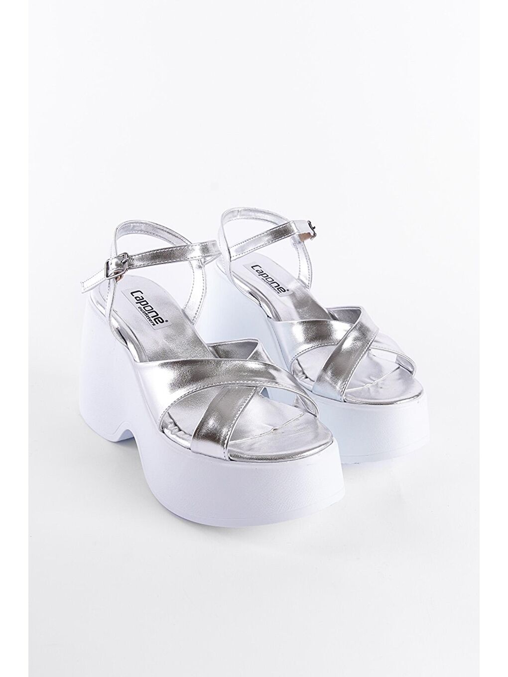 Gri Yüksek Dolgu Topuk Bilekten Bantlı Kadın Sandalet