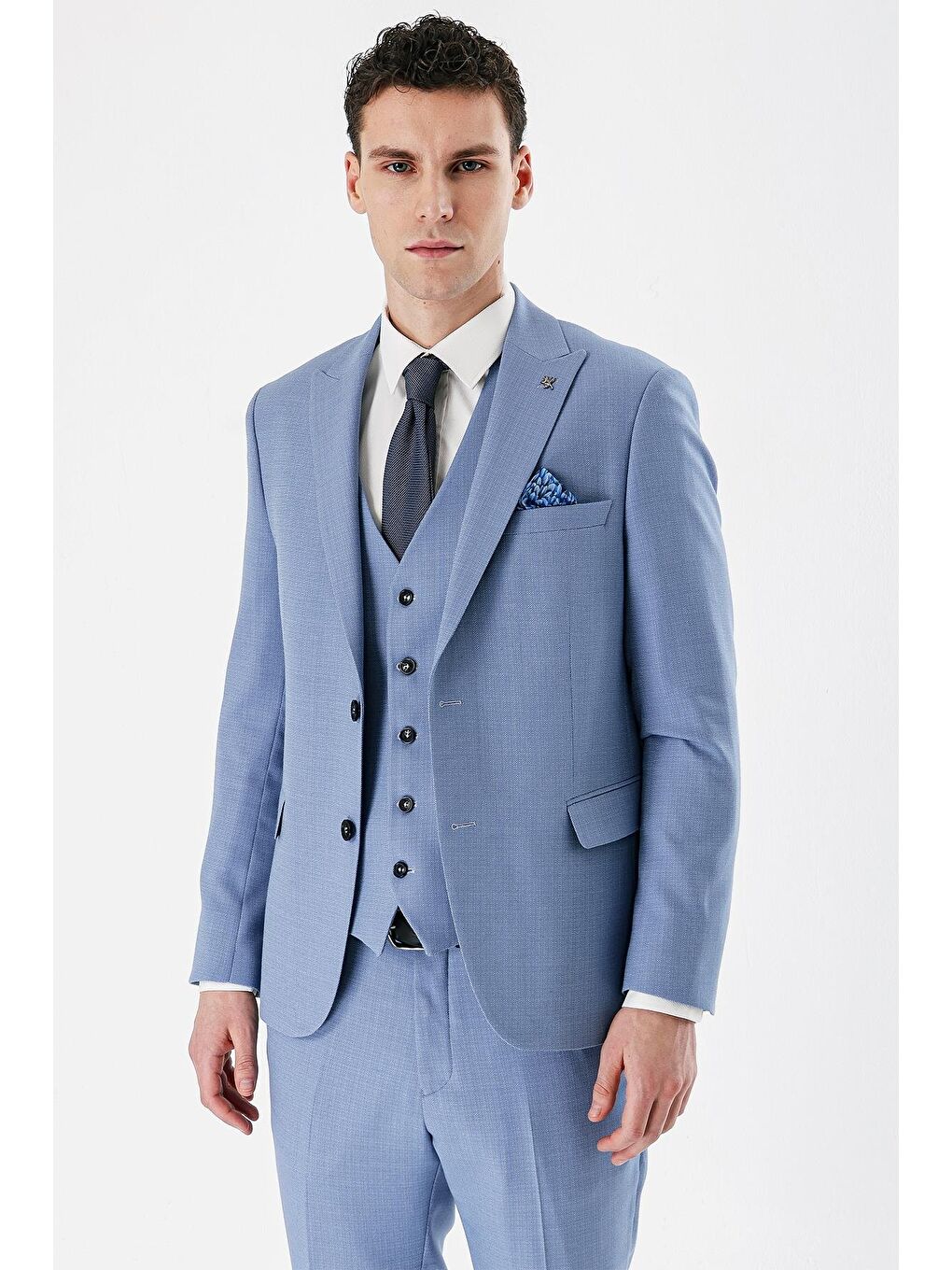 Mavi Desenli Kırlangıç Yaka Yelekli 6 Drop Slim Fit Dar Kesim Klasik Takım Elbise 1001240157