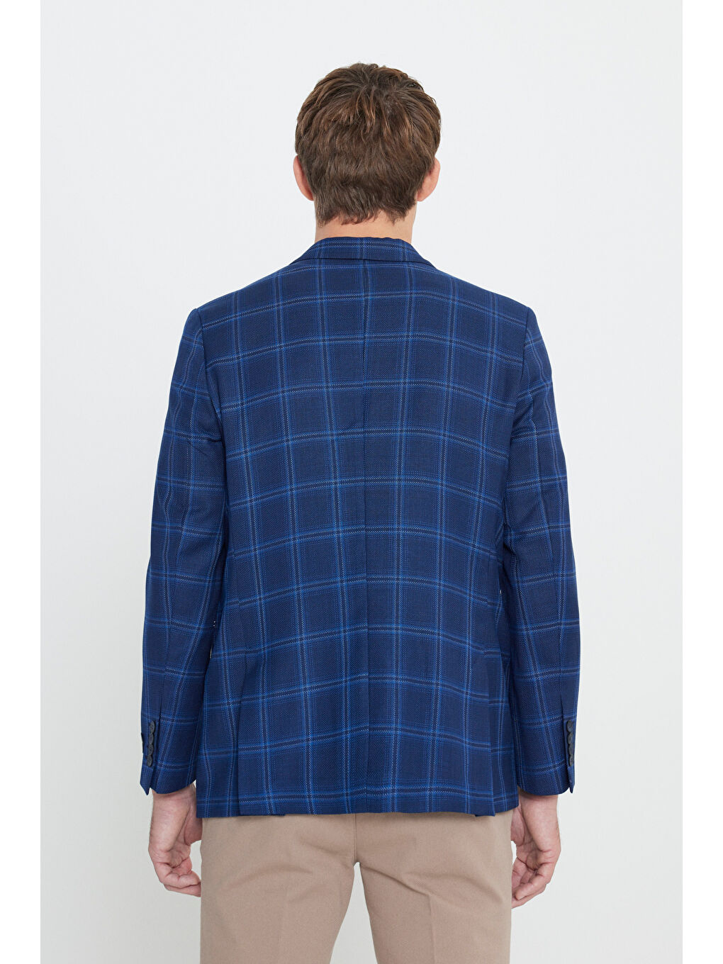 Erkek Lacivert Comfort Fit Rahat Kesim Mono Yaka Desenli %100 Yün Ceket-4