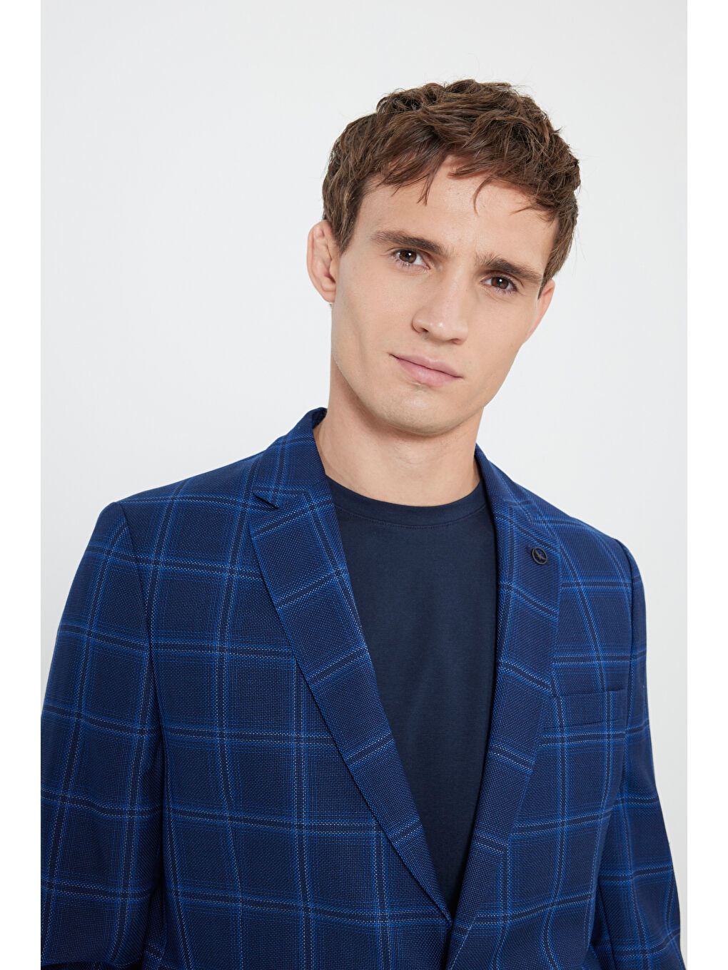 Erkek Lacivert Comfort Fit Rahat Kesim Mono Yaka Desenli %100 Yün Ceket-3