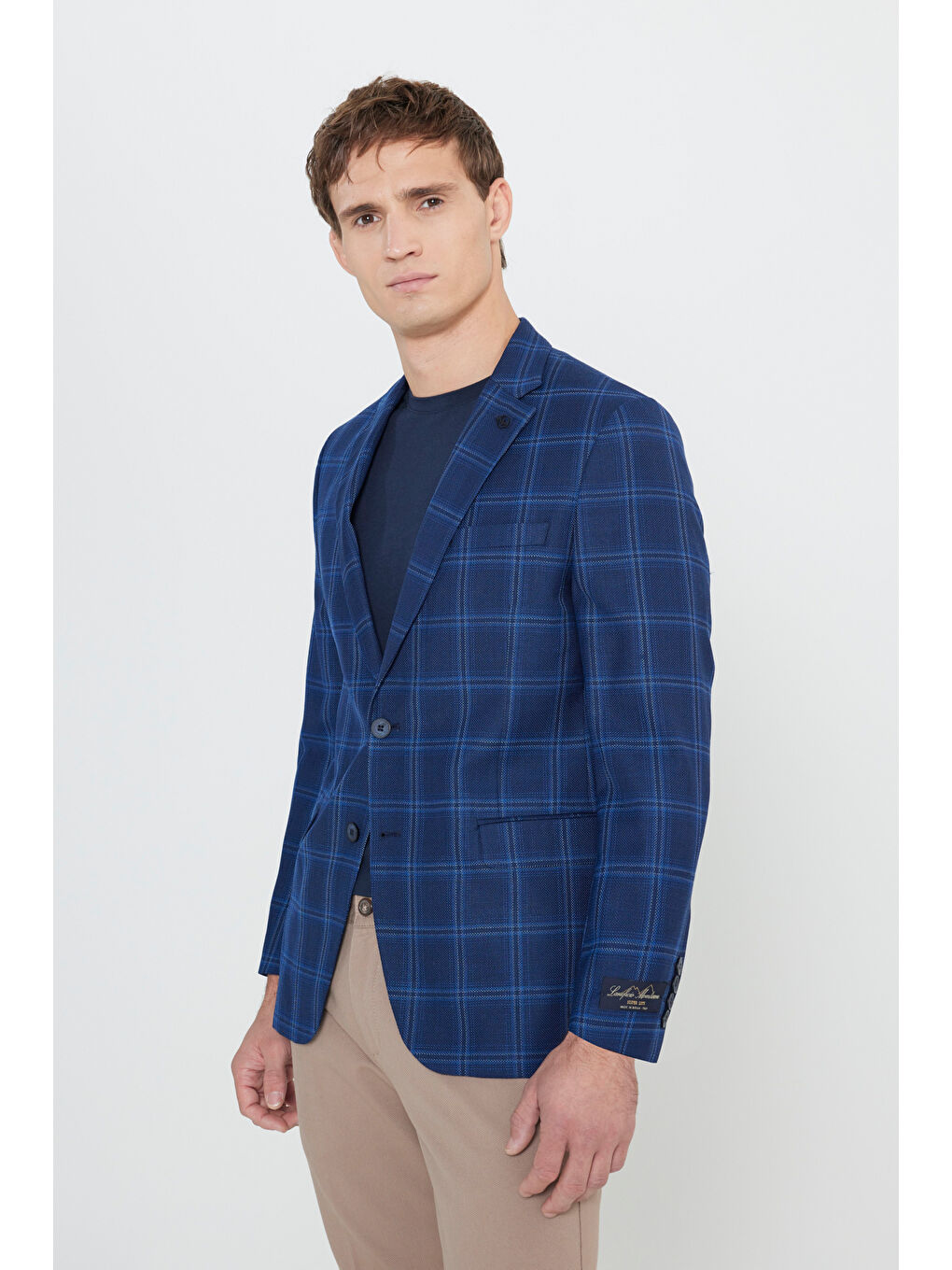 Erkek Lacivert Comfort Fit Rahat Kesim Mono Yaka Desenli %100 Yün Ceket-2