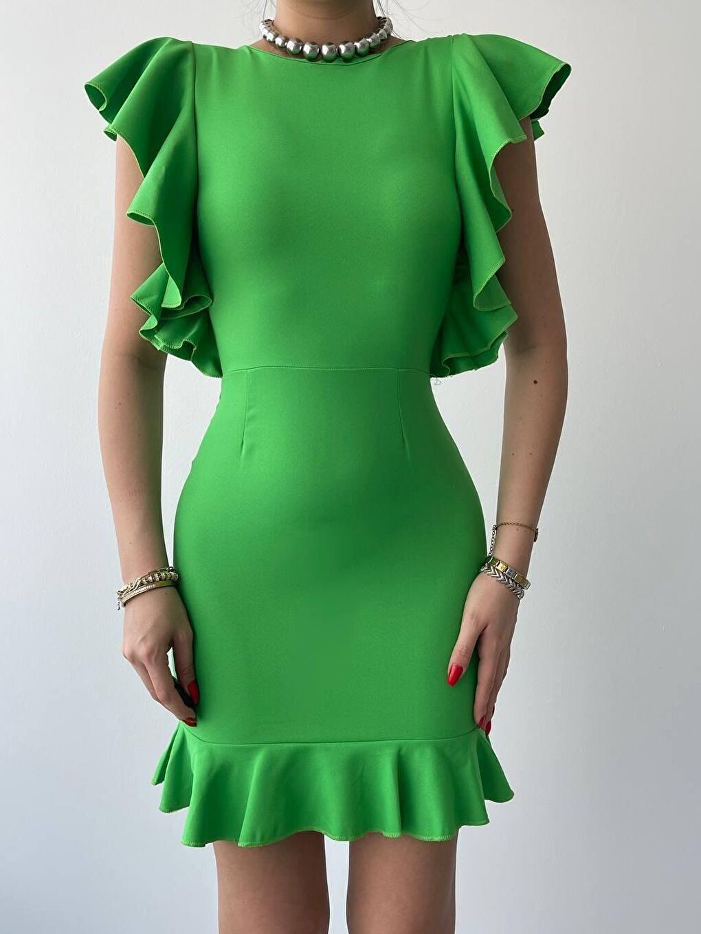 Yeşil Kolu Fırfır Detay Mini Elbise-1