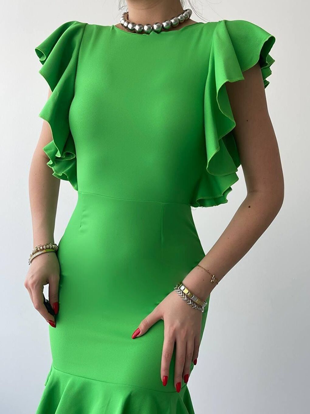 Yeşil Kolu Fırfır Detay Mini Elbise-2