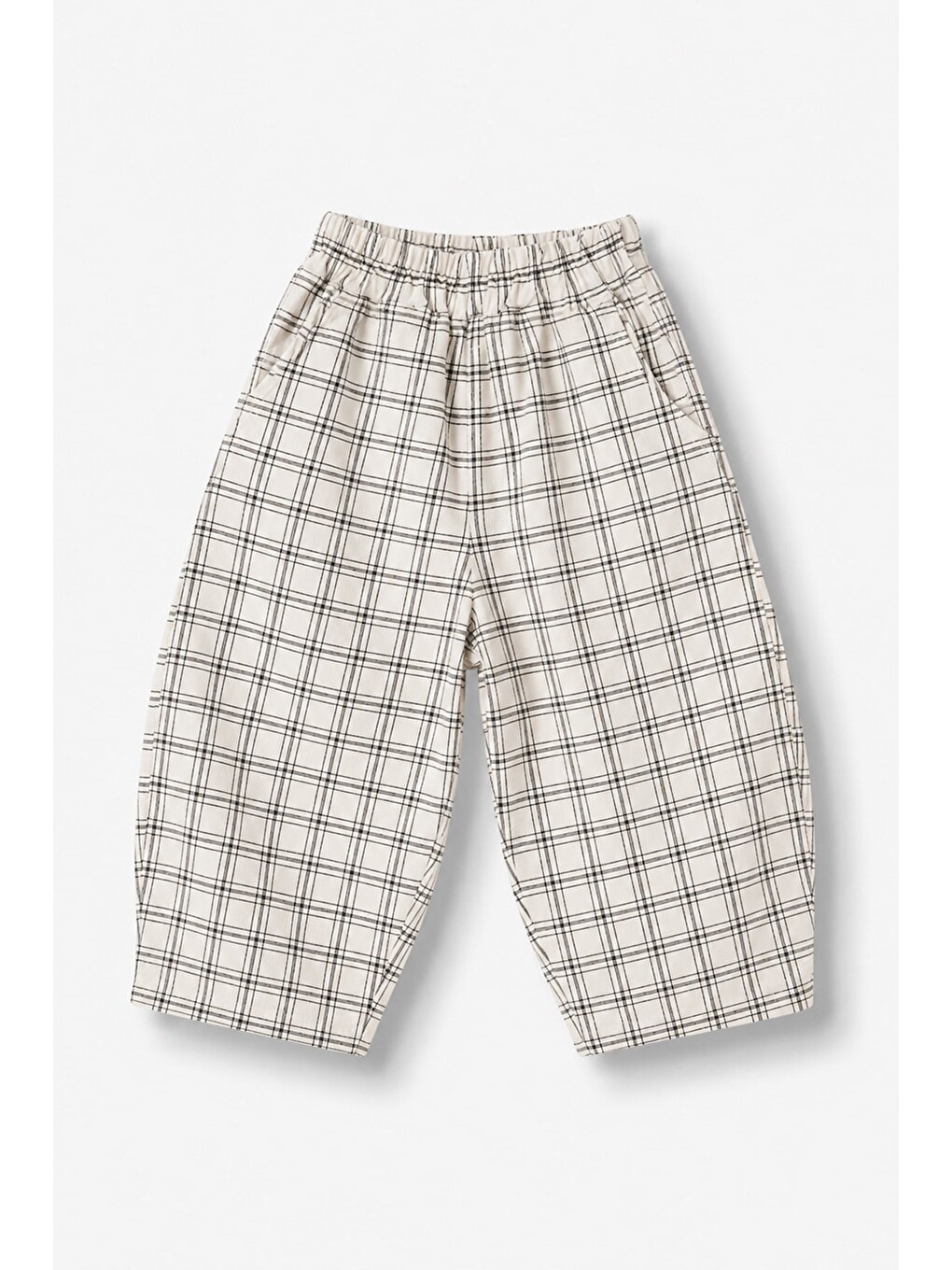 Beyaz Unisex Çocuk Kareli Beli Lastikli Balon Pantolon