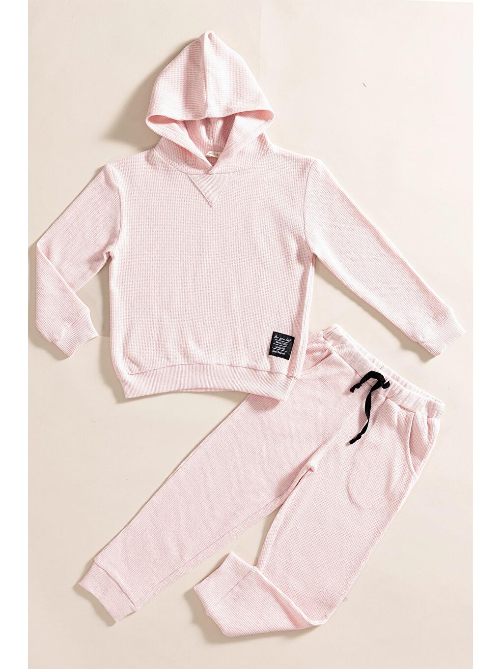 For You Kids 2 li Kapüşonlu Pembe Waffle Sweat Jogger Alt Üst Takım