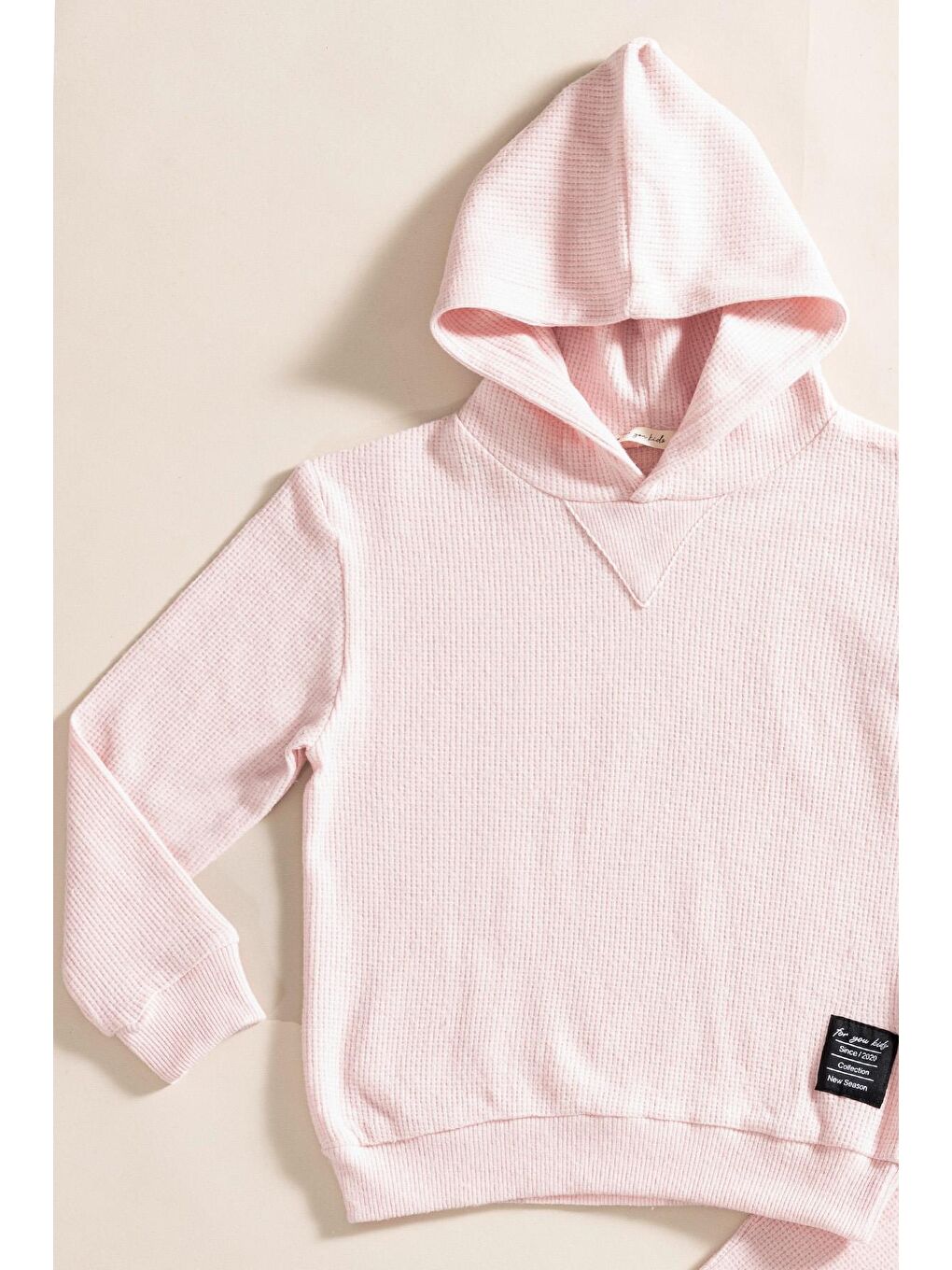 For You Kids 2 li Kapüşonlu Pembe Waffle Sweat Jogger Alt Üst Takım - 1