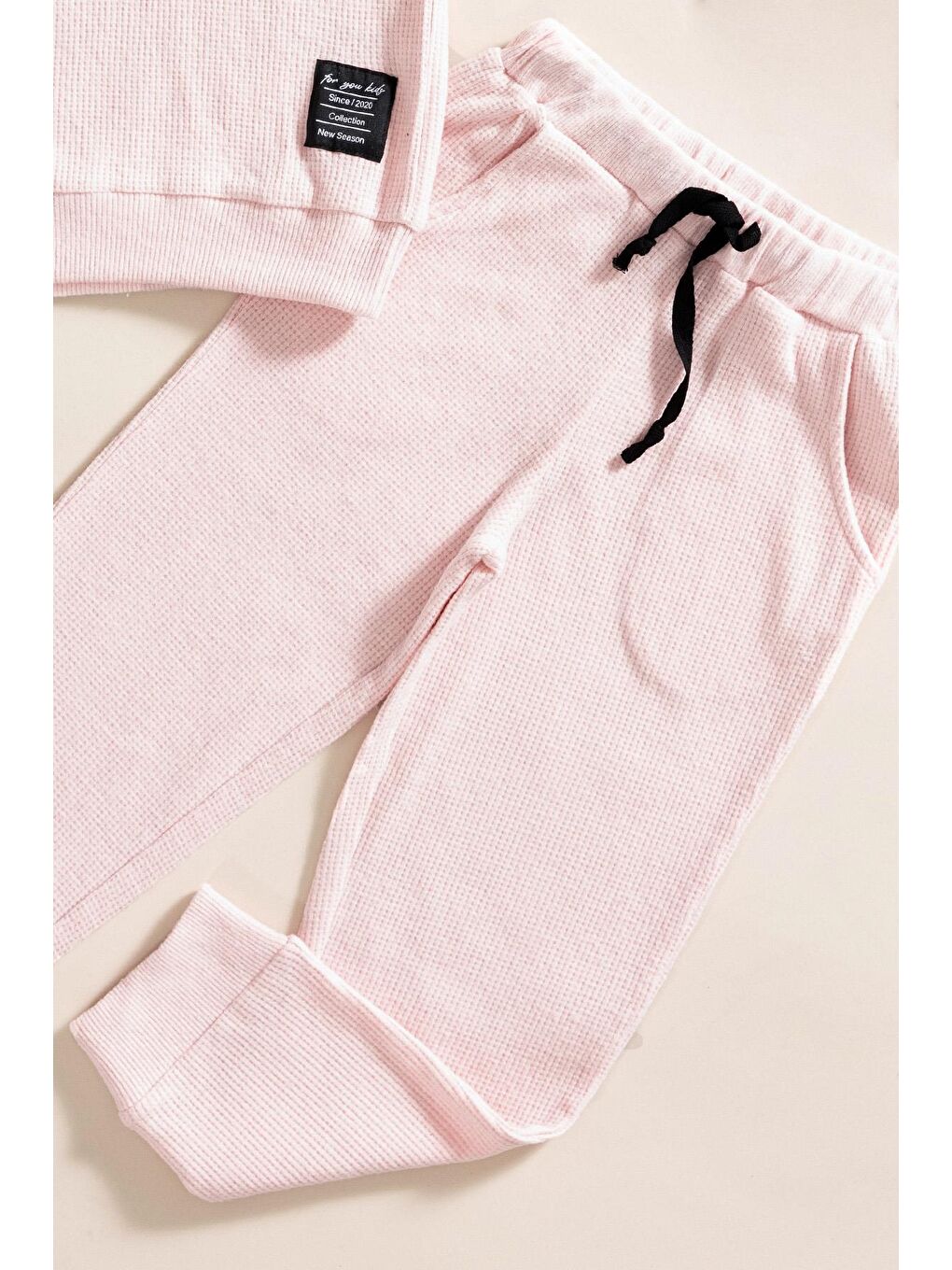 For You Kids 2 li Kapüşonlu Pembe Waffle Sweat Jogger Alt Üst Takım - 2