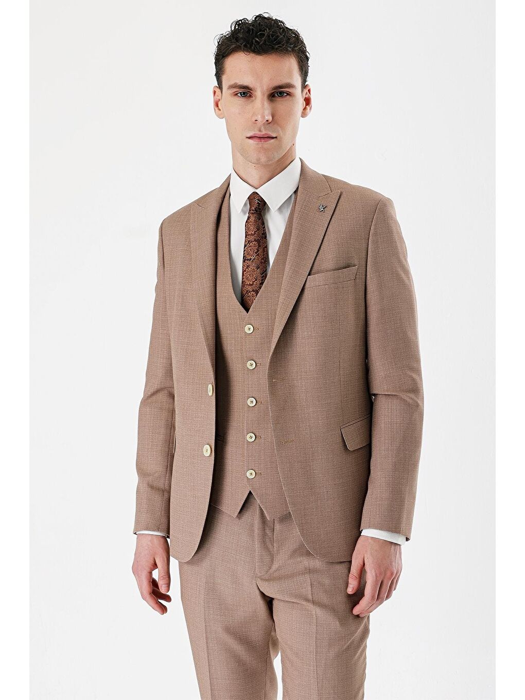 Kahverengi Camel Desenli Kırlangıç Yaka Yelekli 6 Drop Slim Fit Dar Kesim Klasik Takım Elbise 1001240157
