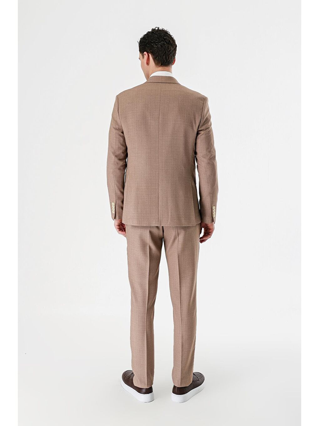 Kahverengi Camel Desenli Kırlangıç Yaka Yelekli 6 Drop Slim Fit Dar Kesim Klasik Takım Elbise 1001240157-1