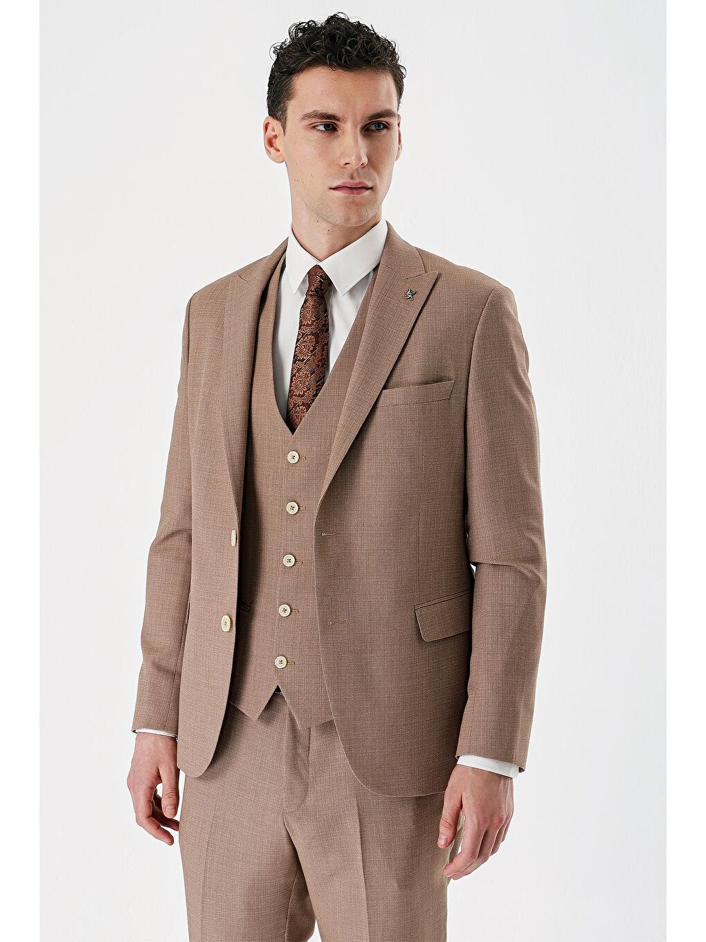 Kahverengi Camel Desenli Kırlangıç Yaka Yelekli 6 Drop Slim Fit Dar Kesim Klasik Takım Elbise 1001240157-2