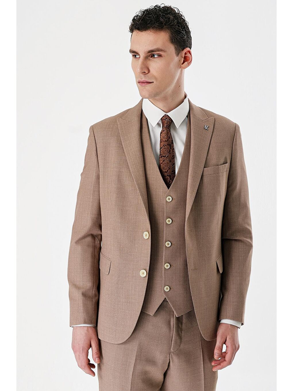 Kahverengi Camel Desenli Kırlangıç Yaka Yelekli 6 Drop Slim Fit Dar Kesim Klasik Takım Elbise 1001240157-4