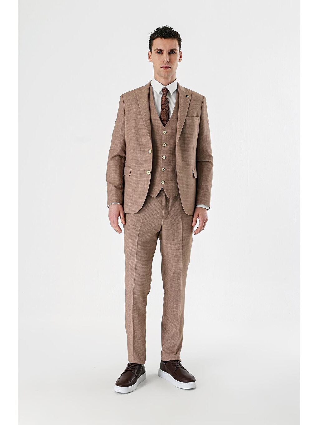 Kahverengi Camel Desenli Kırlangıç Yaka Yelekli 6 Drop Slim Fit Dar Kesim Klasik Takım Elbise 1001240157-5