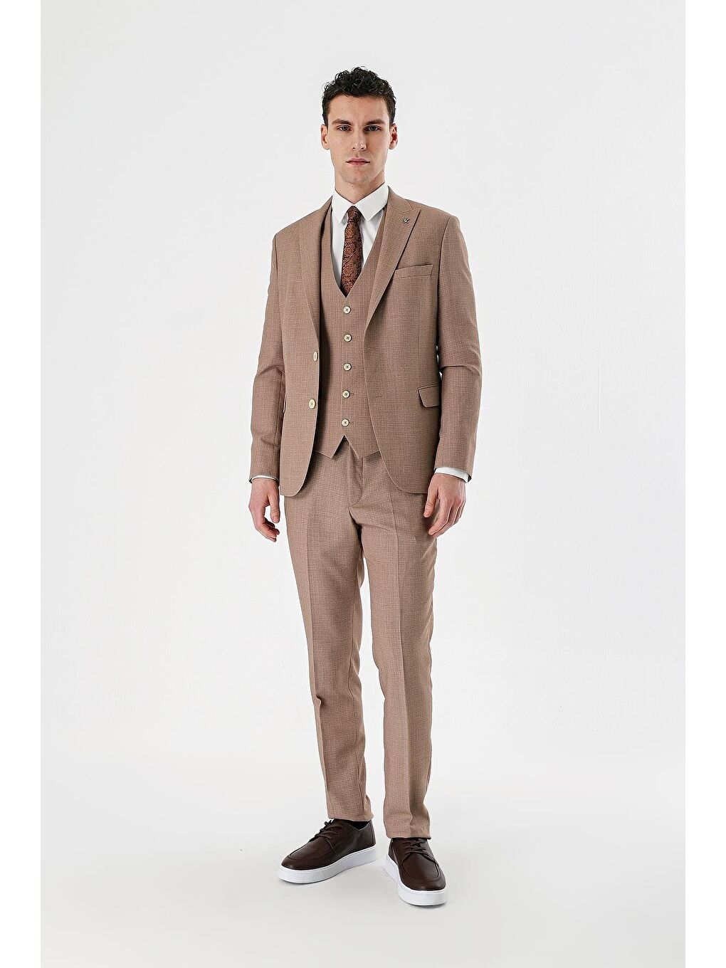 Kahverengi Camel Desenli Kırlangıç Yaka Yelekli 6 Drop Slim Fit Dar Kesim Klasik Takım Elbise 1001240157-6