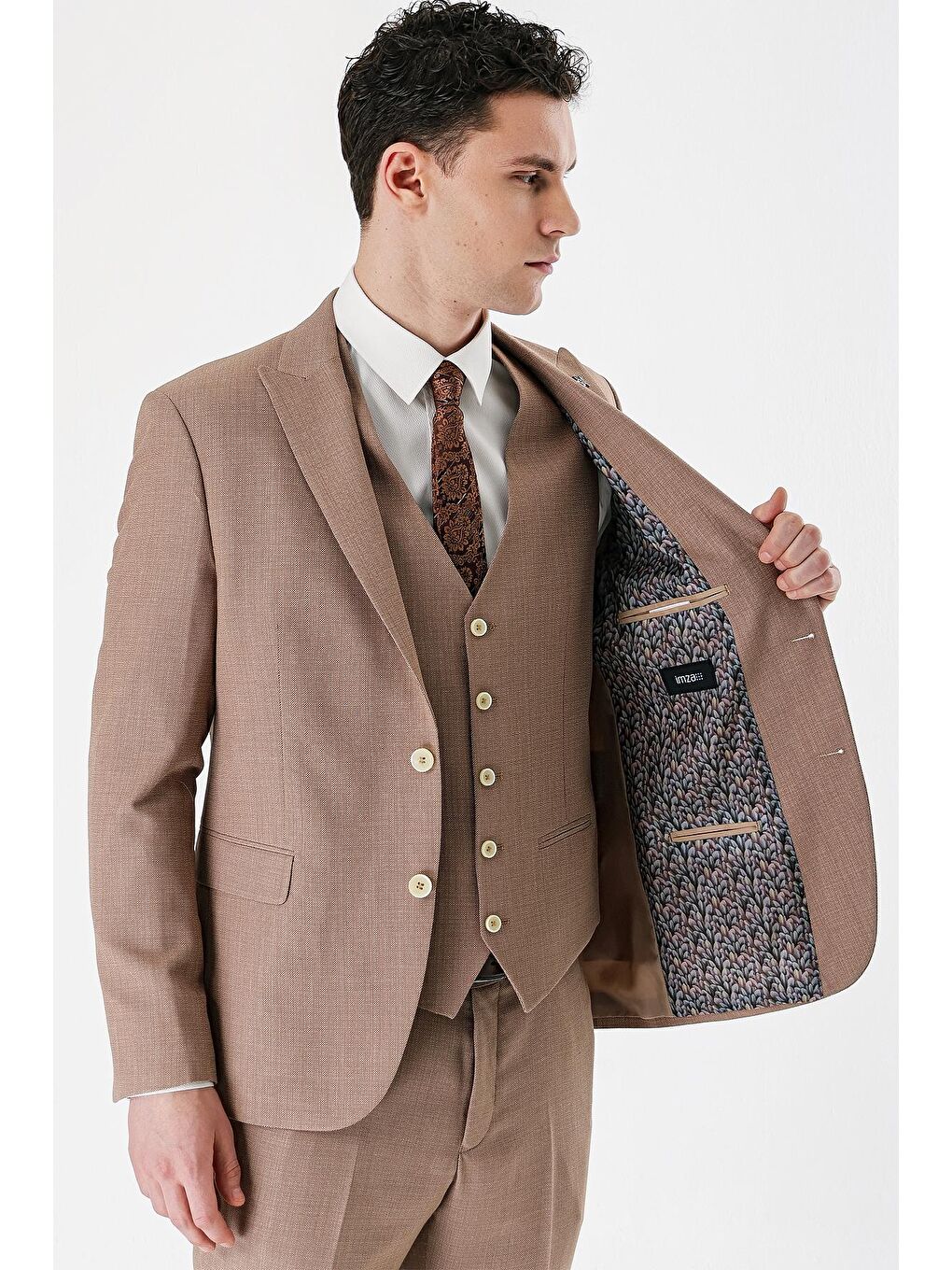 Kahverengi Camel Desenli Kırlangıç Yaka Yelekli 6 Drop Slim Fit Dar Kesim Klasik Takım Elbise 1001240157-8
