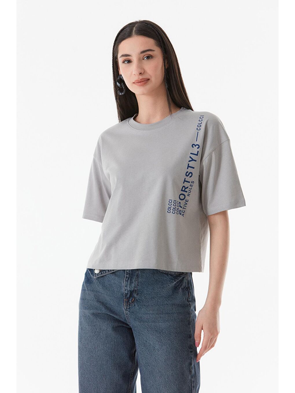 Gri Yazı Baskılı Bisiklet Yaka Tişört