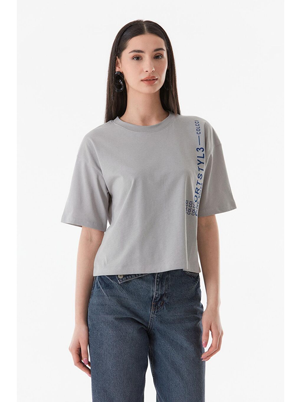 Gri Yazı Baskılı Bisiklet Yaka Tişört-1