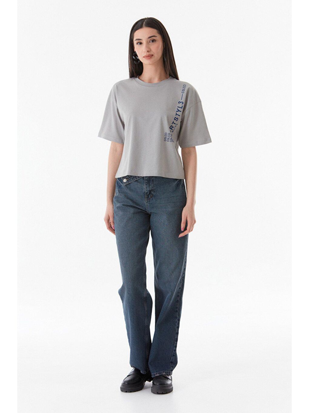 Gri Yazı Baskılı Bisiklet Yaka Tişört-2