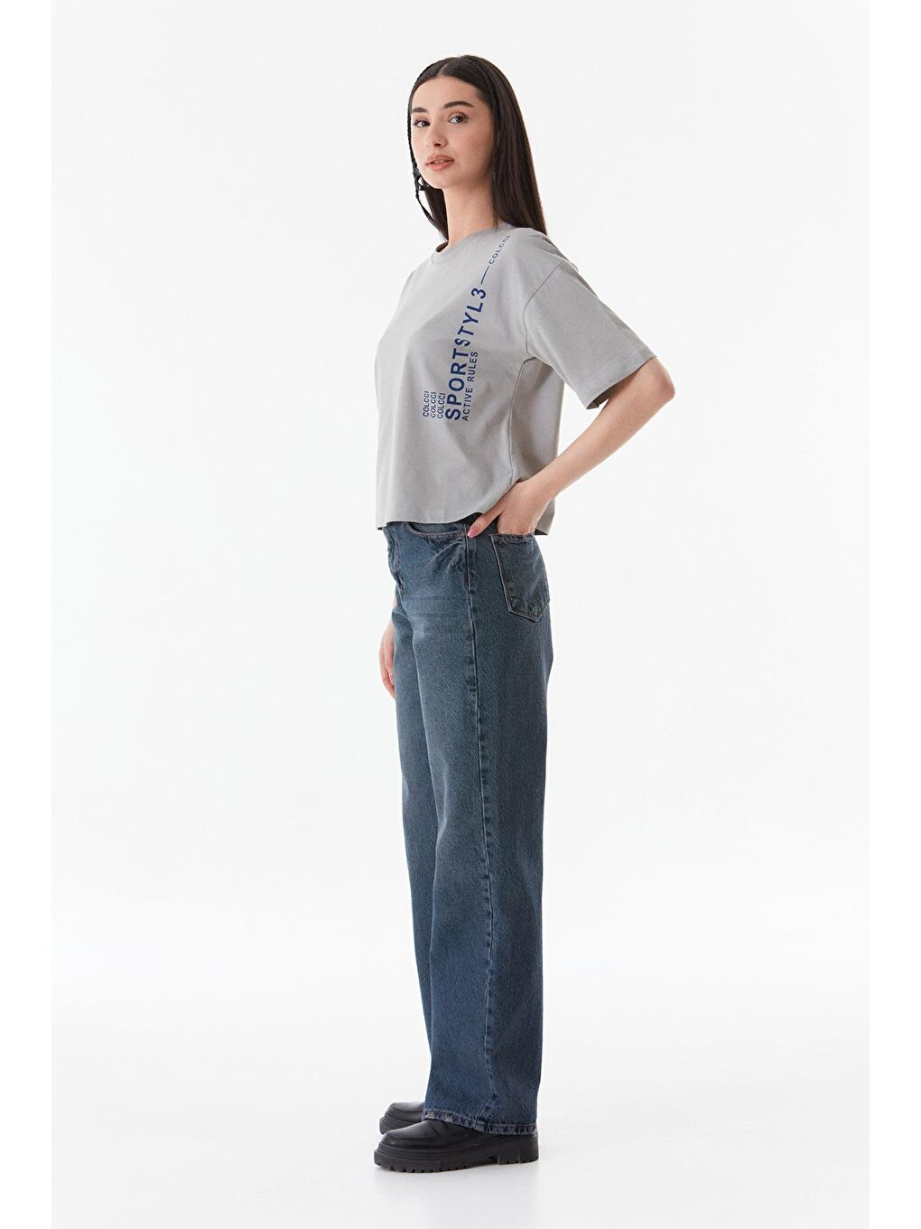 Gri Yazı Baskılı Bisiklet Yaka Tişört-3