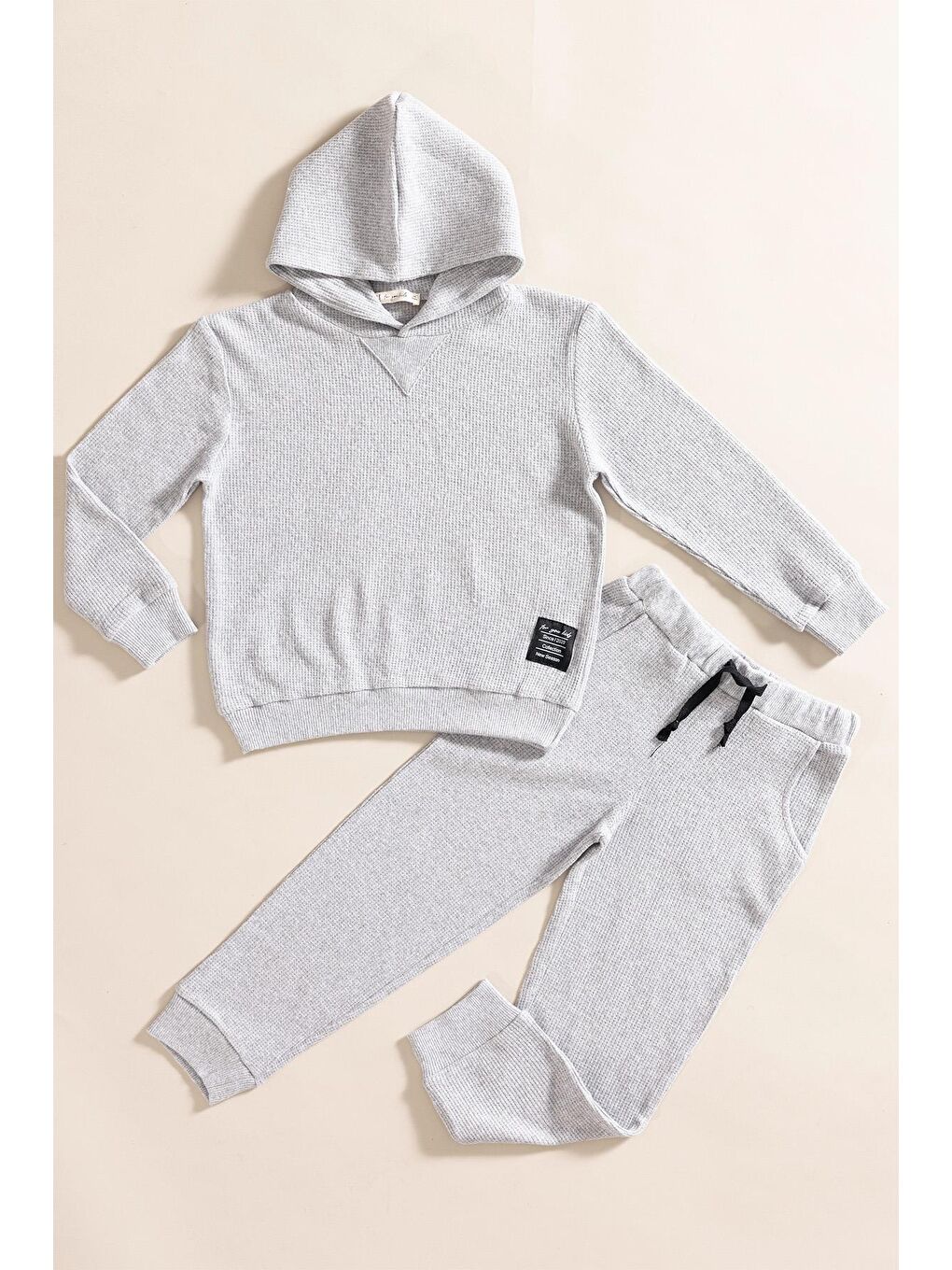 For You Kids 2 li Kapüşonlu Açık Gri Waffle Sweat Jogger Alt Üst Takım