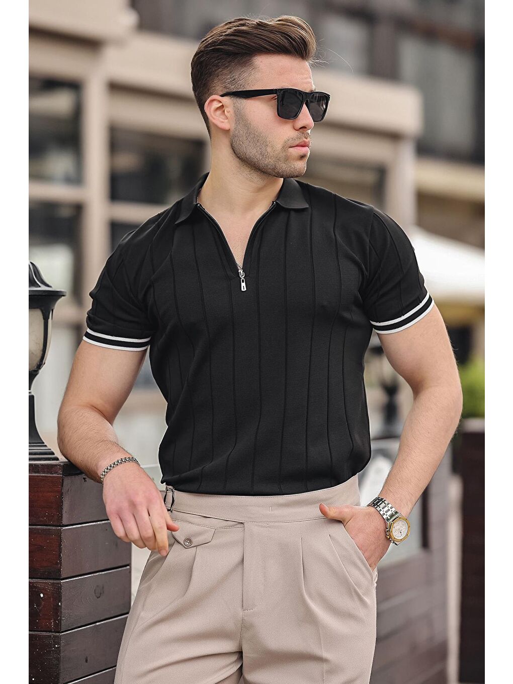 Erkek Siyah Polo Yaka Fermuarlı Tişört 6876