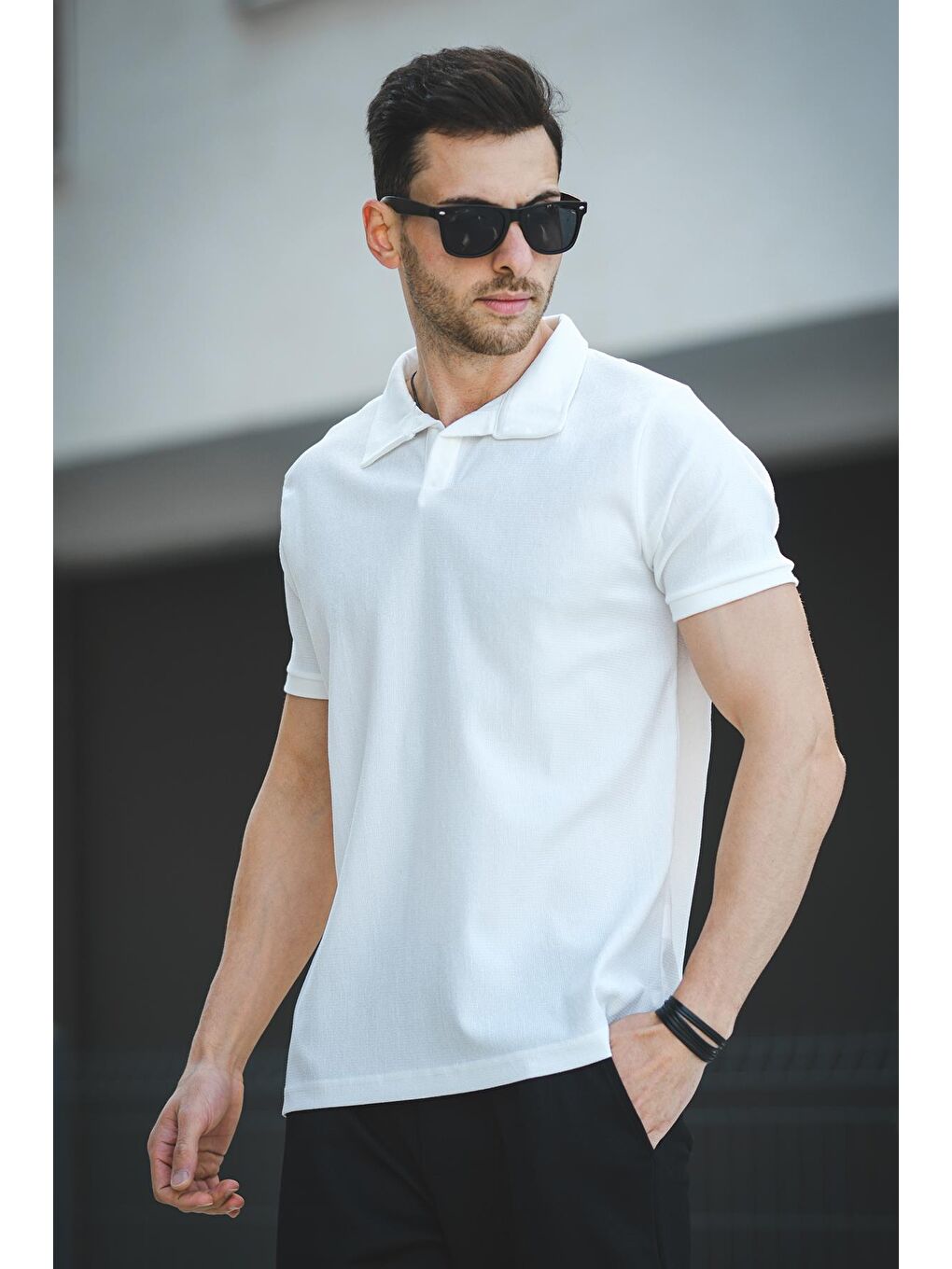 Oksit Beyaz Ht 945061 Slim Fit Elastanlı Kısa Patlı Apaç Yaka Erkek Tshirt - 1