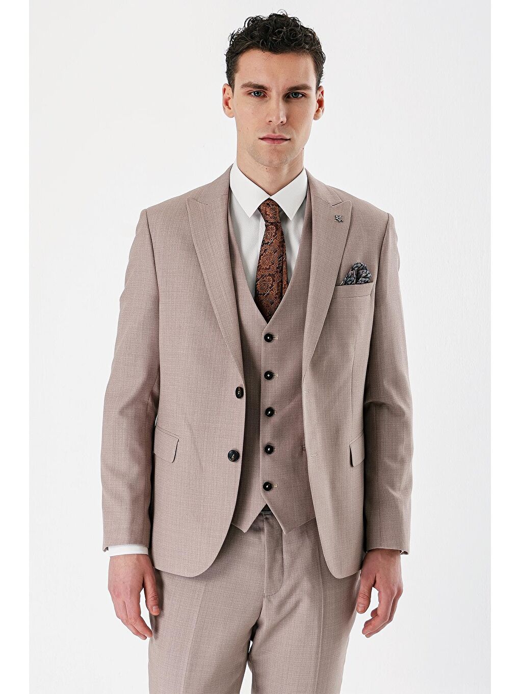 Bej Desenli Kırlangıç Yaka Yelekli 6 Drop Slim Fit Dar Kesim Klasik Takım Elbise 1001240157