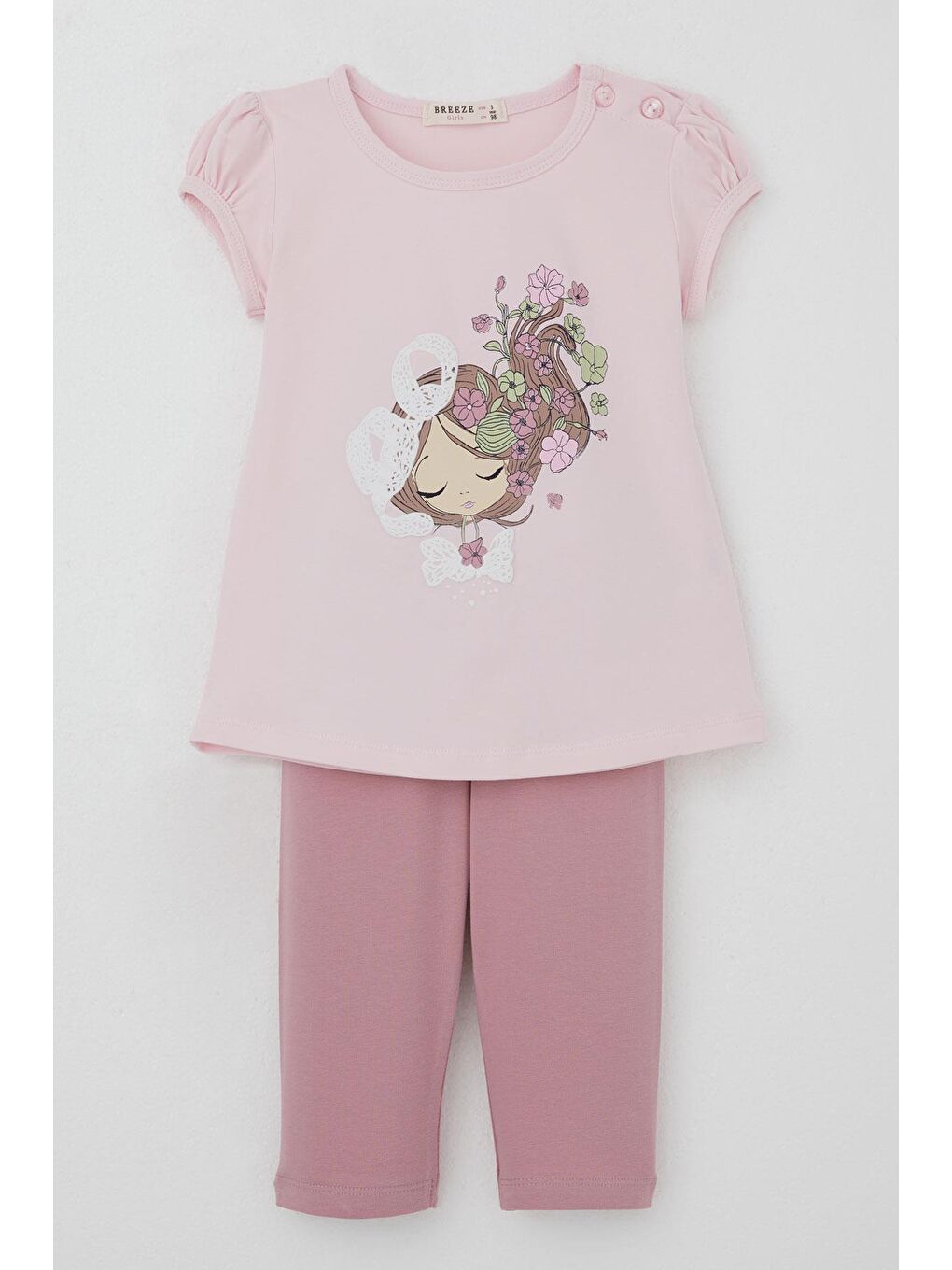 Kız Çocuk Kapri Taytlı Takım Çiçekli Kız Baskılı Pembe (1.5-5 Yaş)