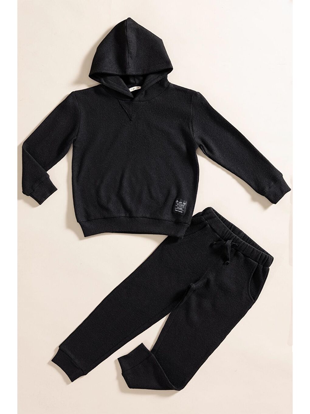 For You Kids 2 li Kapüşonlu Siyah Waffle Sweat Jogger Alt Üst Takım