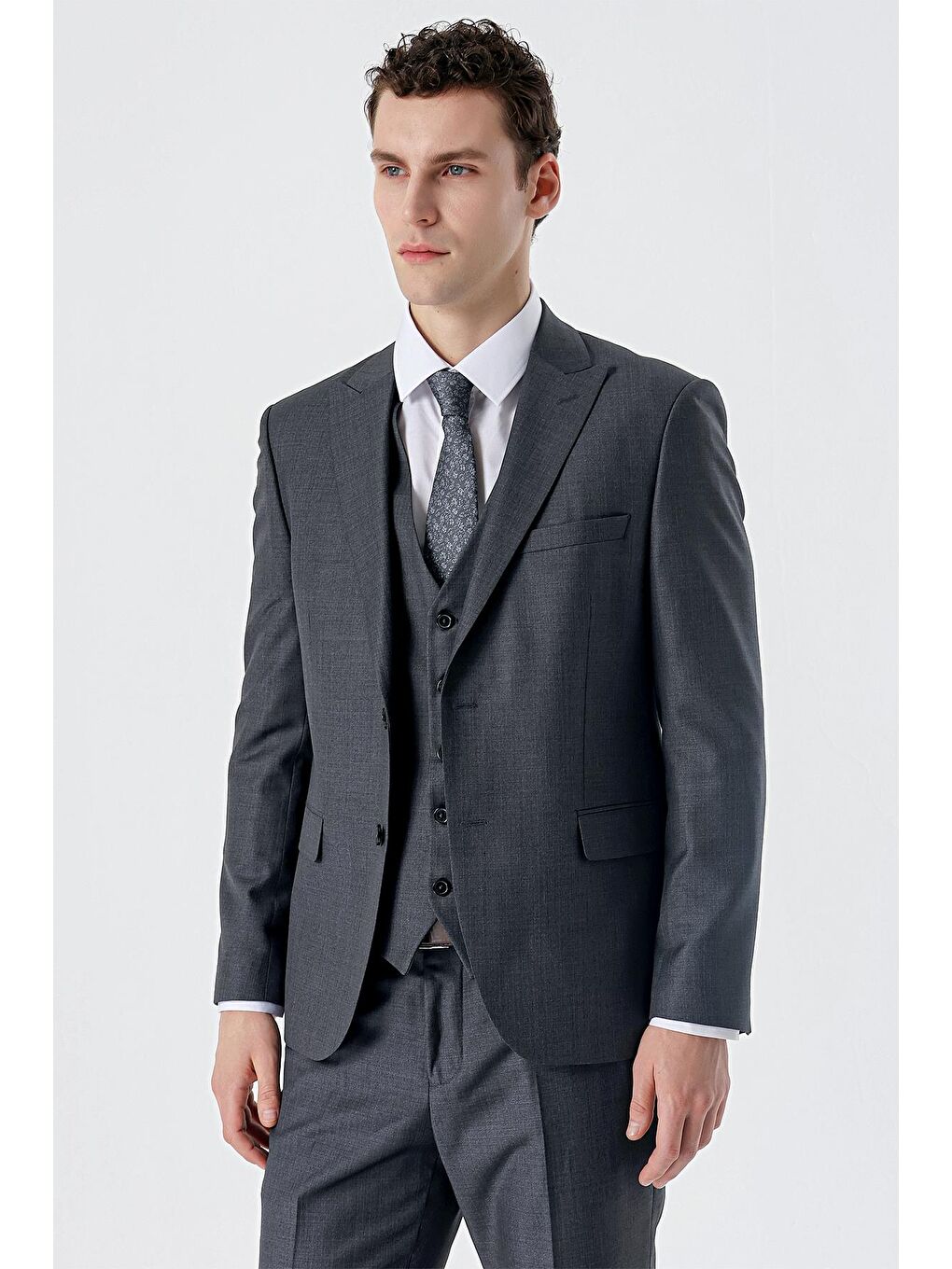 Gri Koyu Füme Kırlangıç Yaka Yelekli 6 Drop Slim Fit Dar Kesim Klasik Takım Elbise 1001235166