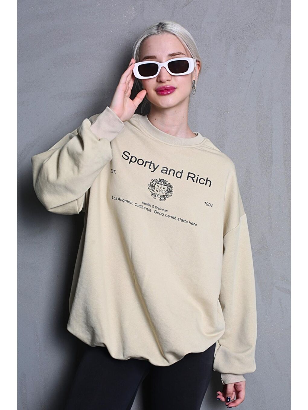 Bej Bisiklet Yaka Baskılı Oversize Kadın Sweatshirt Mg1577-6