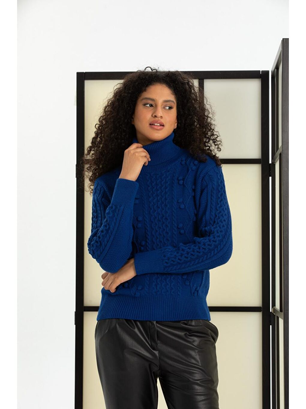 Mavi Kadın Gofralı Balıkçı Yaka Triko  Kazak