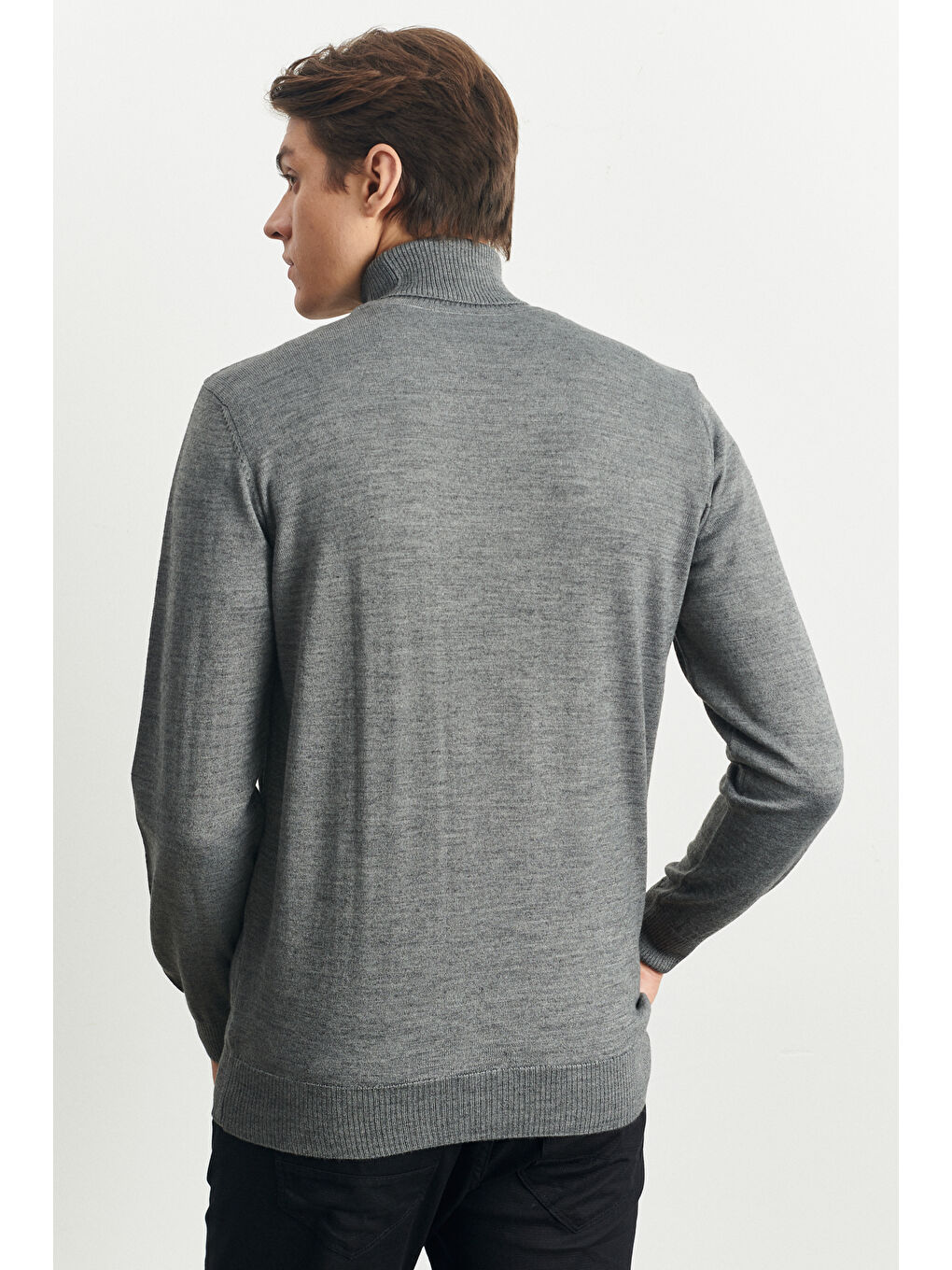 Erkek Gri Melanj Standart Fit Normal Kesim Tam Balıkçı Yaka Yünlü Triko Kazak-4