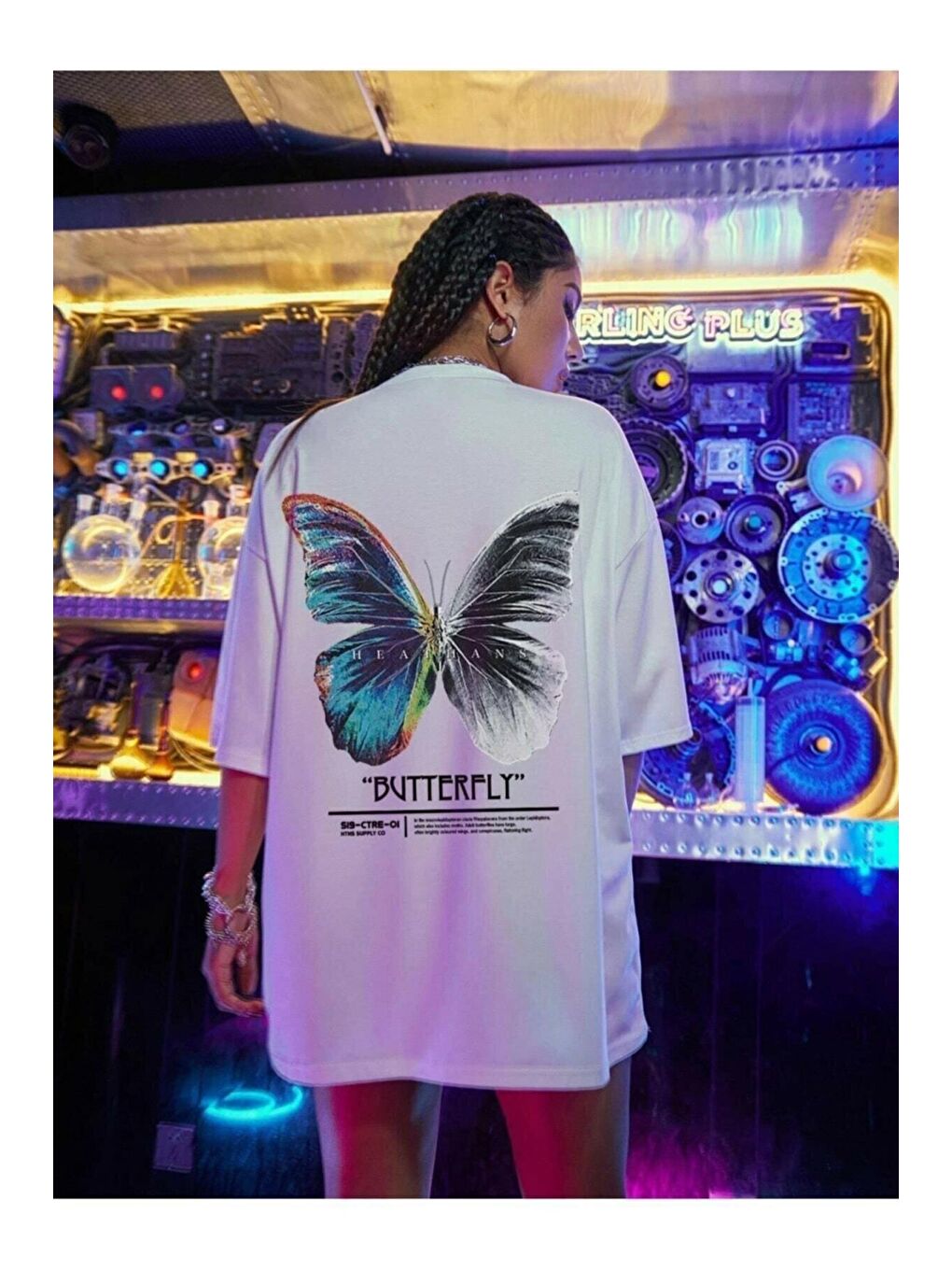 Trendseninle Beyaz Kadın Beyaz Butterfly Ön Arka Baskılı Oversize Tişört - 1