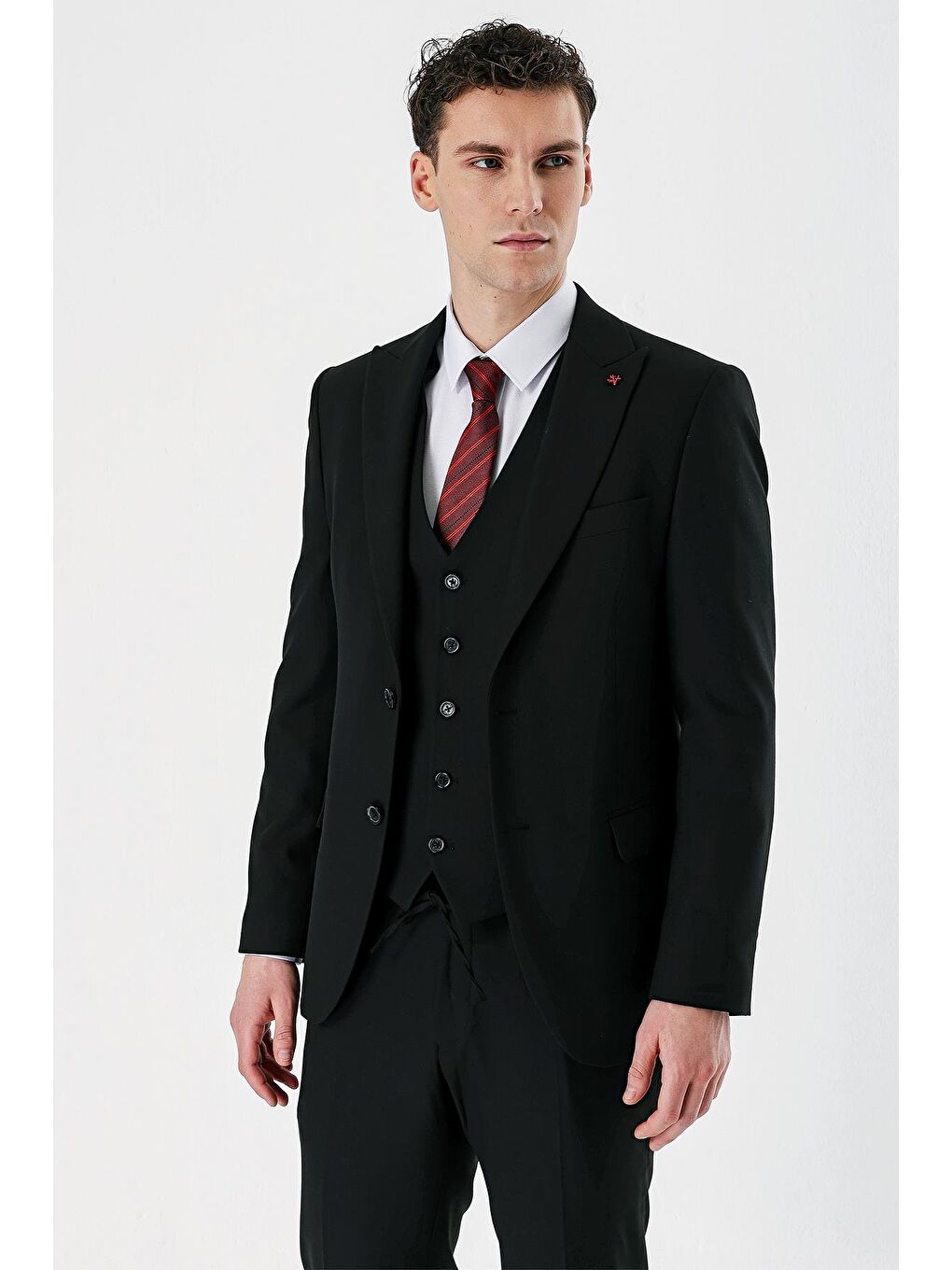 Siyah Kırlangıç Yaka Yelekli Elastanlı 6 Drop Slim Fit Dar Kesim Klasik Takım Elbise 1001240167