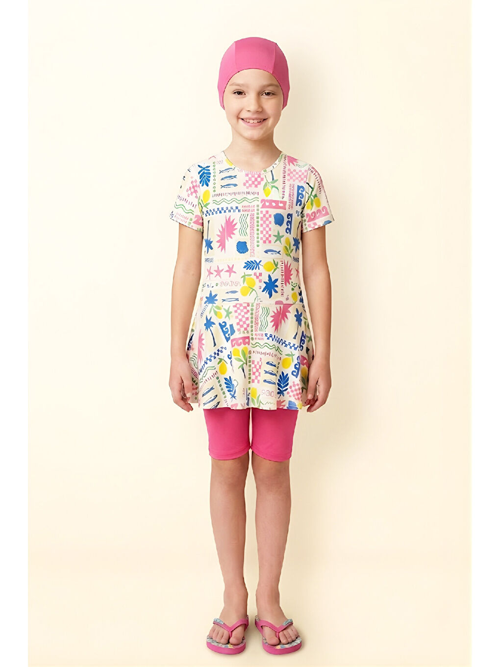 Karışık Kız Çocuk 3'lü Mayo Takımı (Tunik Boy Üst+Diz Boy Alt ve Bone) 7-12 Yaş 12603B