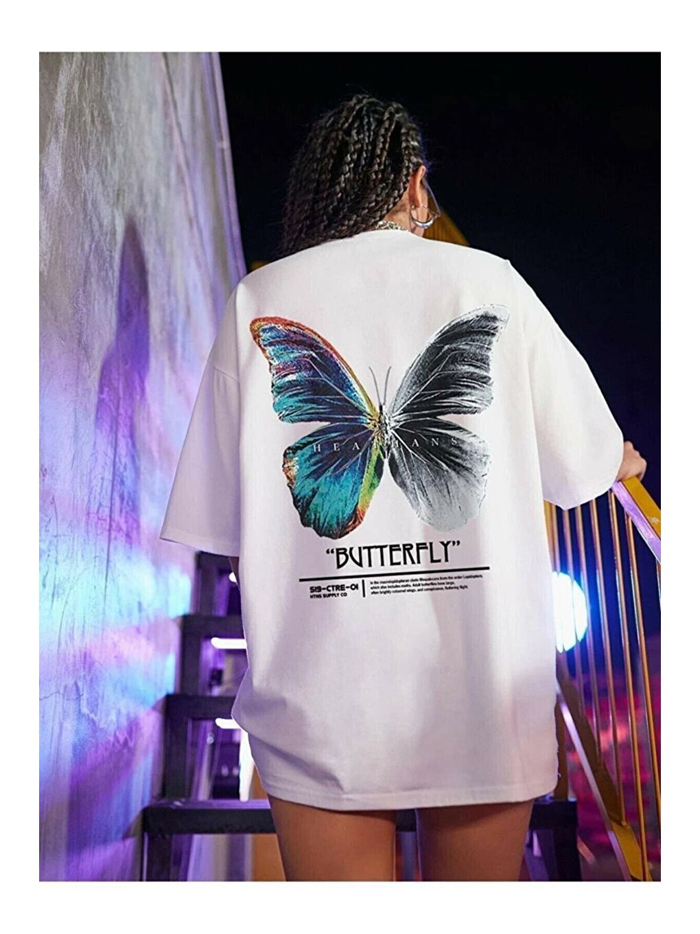 Trendseninle Beyaz Kadın Beyaz Butterfly Ön Arka Baskılı Oversize Tişört - 2