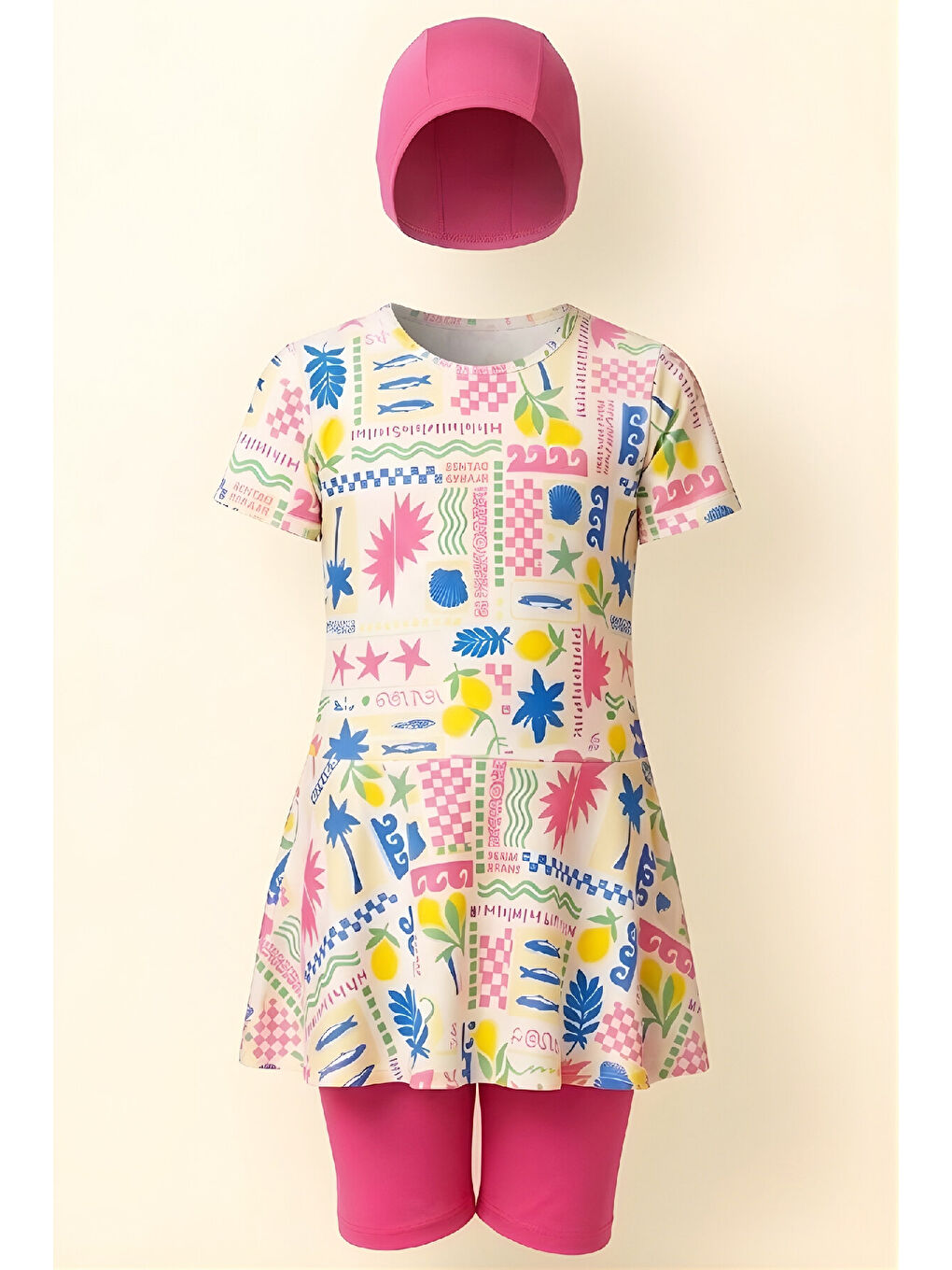 Karışık Kız Çocuk 3'lü Mayo Takımı (Tunik Boy Üst+Diz Boy Alt ve Bone) 7-12 Yaş 12603B-1