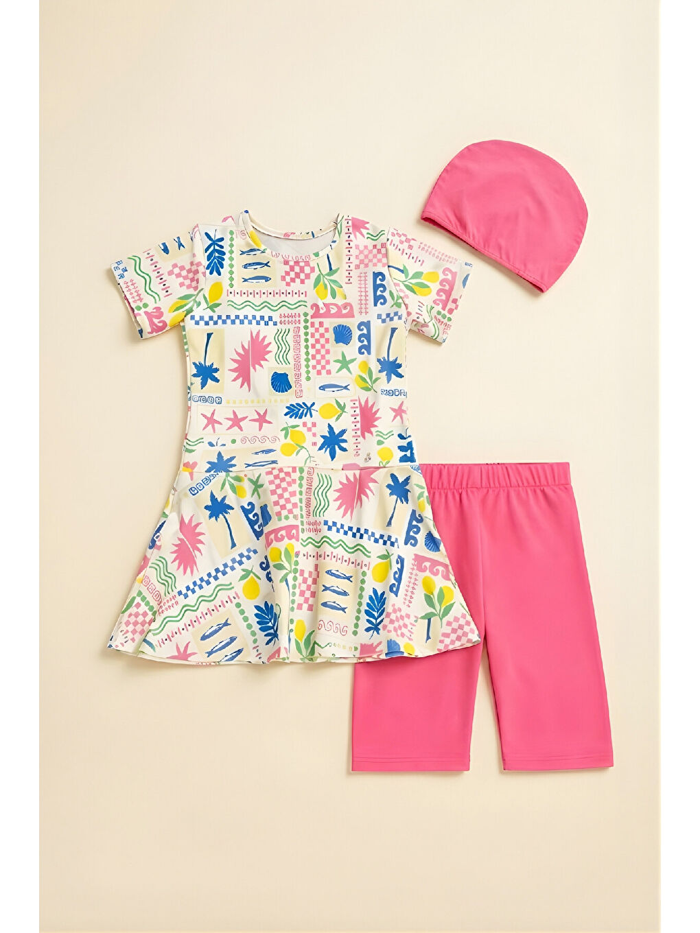 Karışık Kız Çocuk 3'lü Mayo Takımı (Tunik Boy Üst+Diz Boy Alt ve Bone) 7-12 Yaş 12603B-2